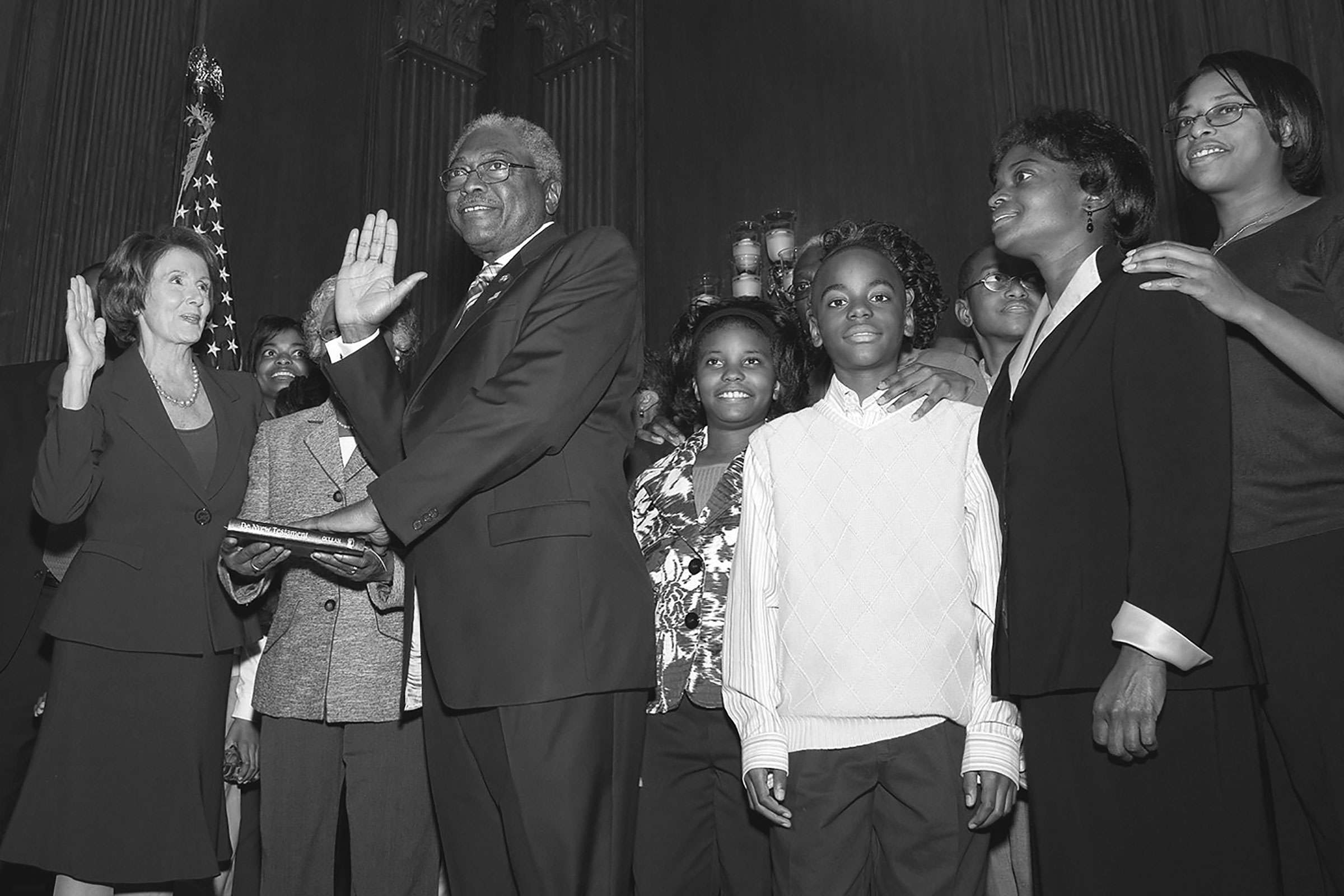 Clyburn, with his family, being sworn in as House majority whip by Speaker Nancy Pelosi in 2007 (Courtesy the Office of Majority Whip James E. Clyburn)