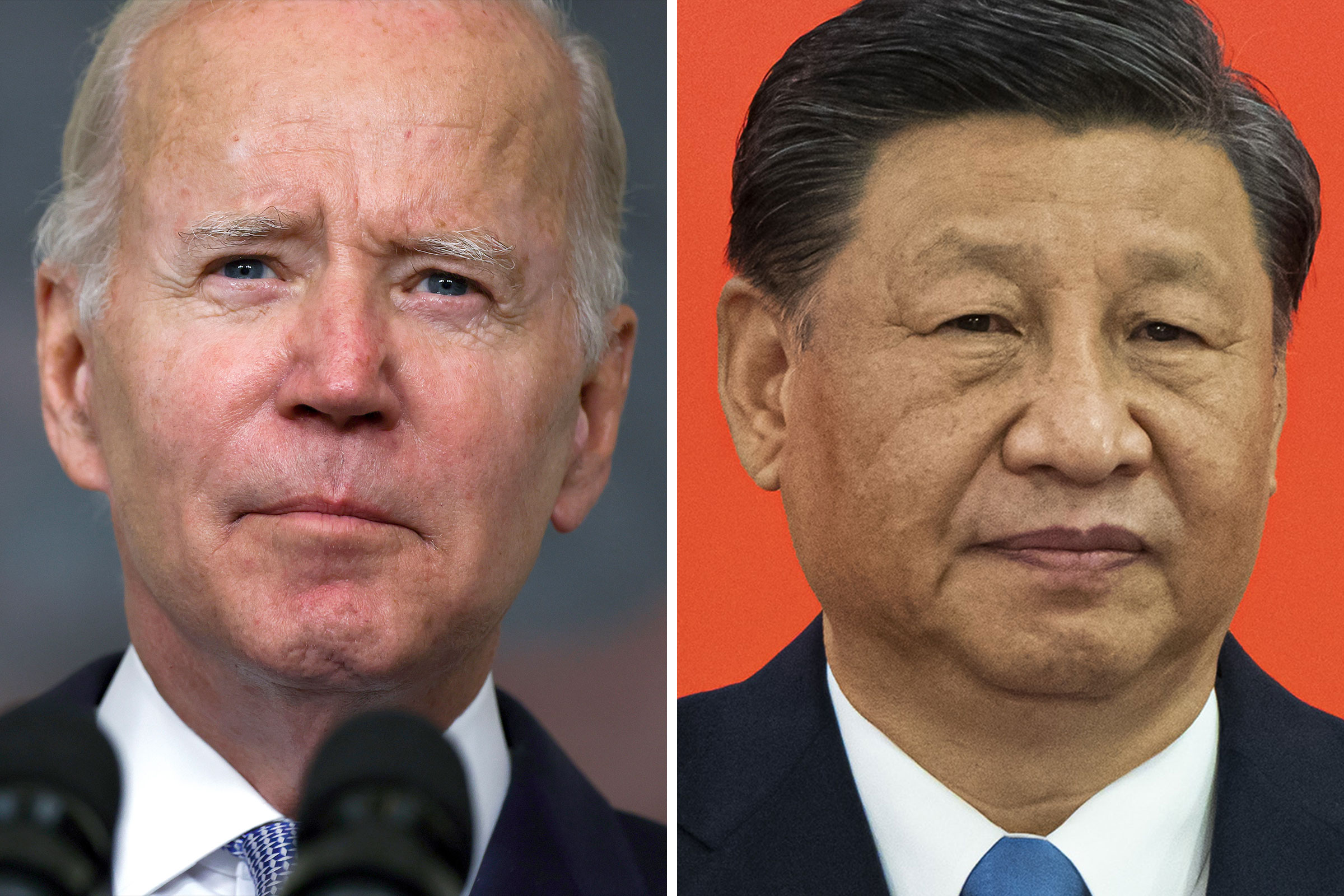 President Joe Biden delivers remarks in the State Dining Room of the White House on July 28, 2022; China's President Xi Jinping at the West Kowloon Station in Hong Kong, on June 30, 2022. (Anna Moneymaker—Getty Images; Justin Chin—Bloomberg/Getty Images)
