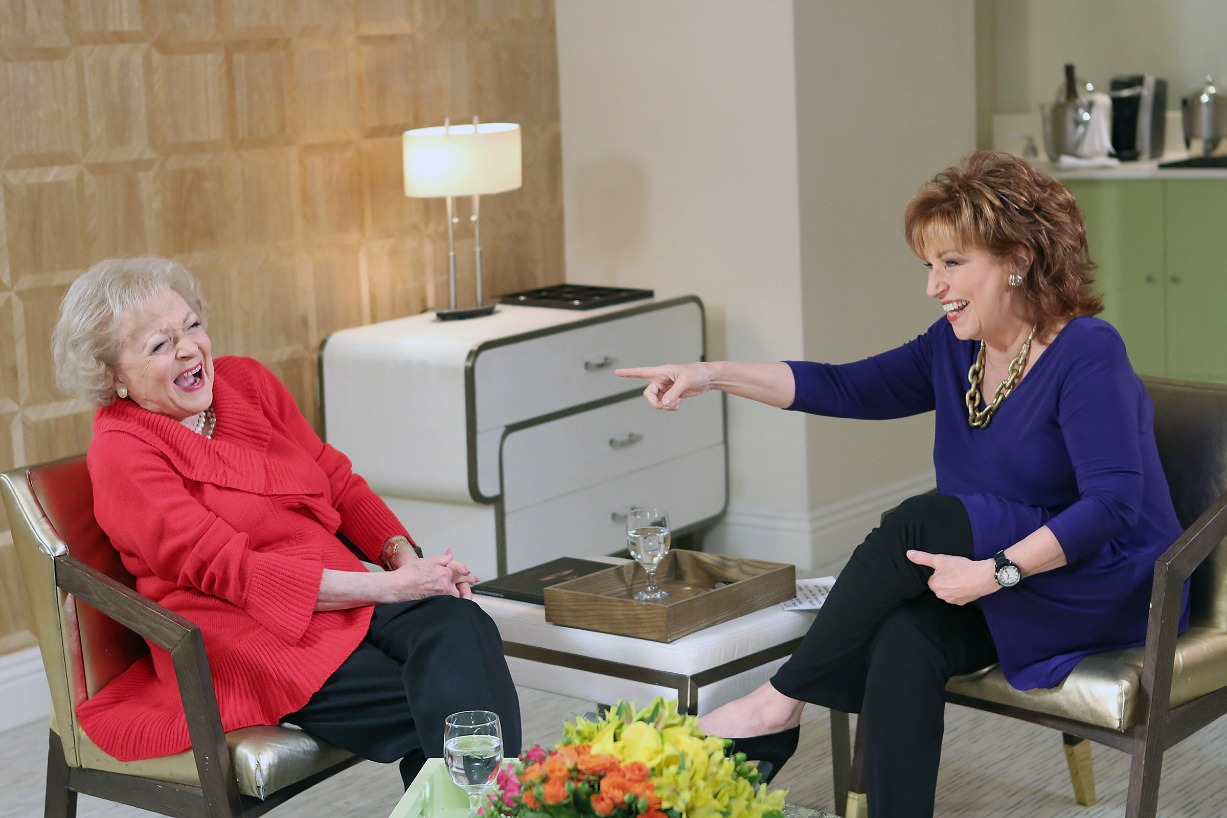 Betty White and Joy Behar on set for Current TV at The London Hotel in West Hollywood, Calif., on January 2, 2013. (Getty Images)