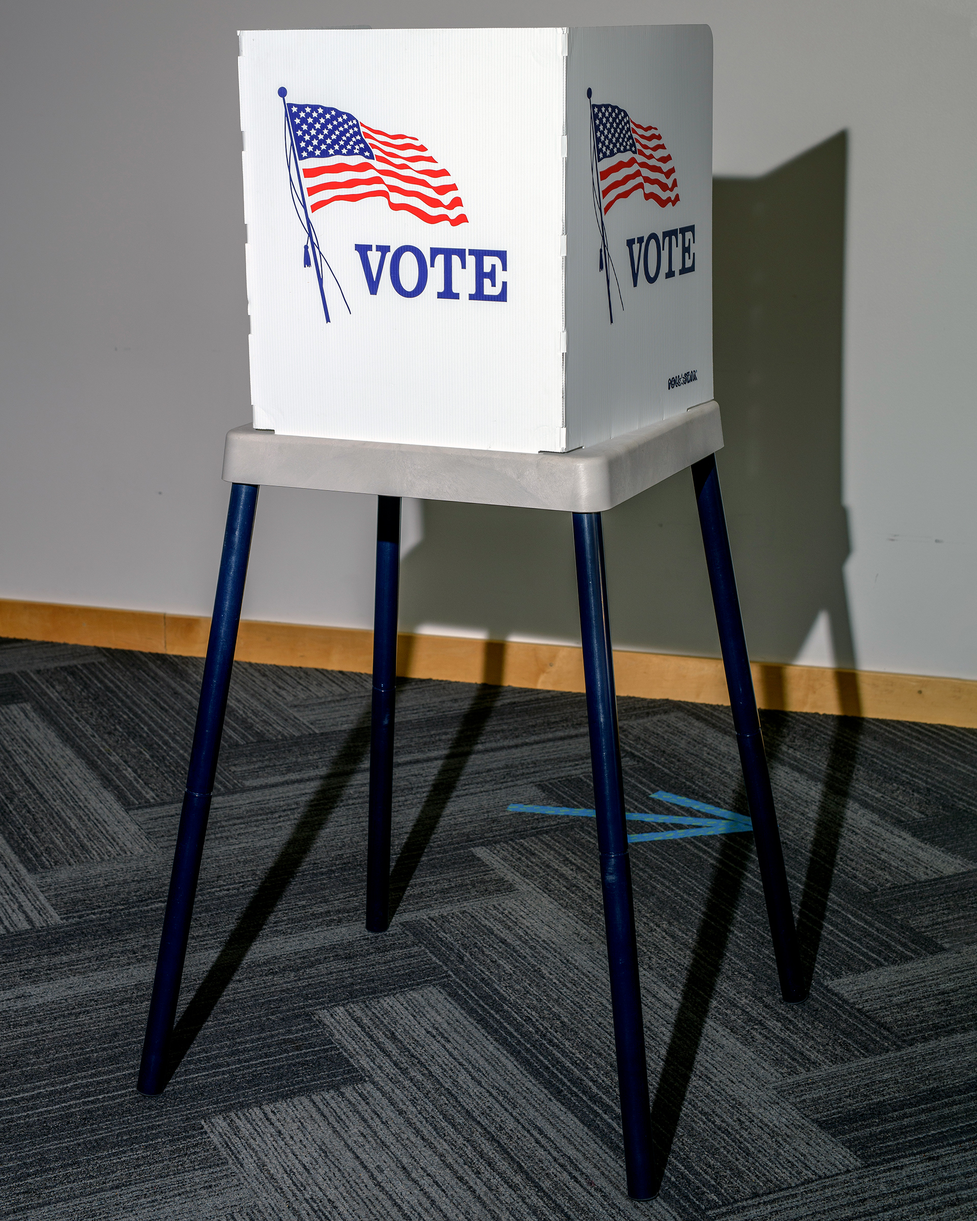 A voting booth is shown set up at the Ames Public Library on Primary Election Day on June 7, 2022 in Ames, Iowa.