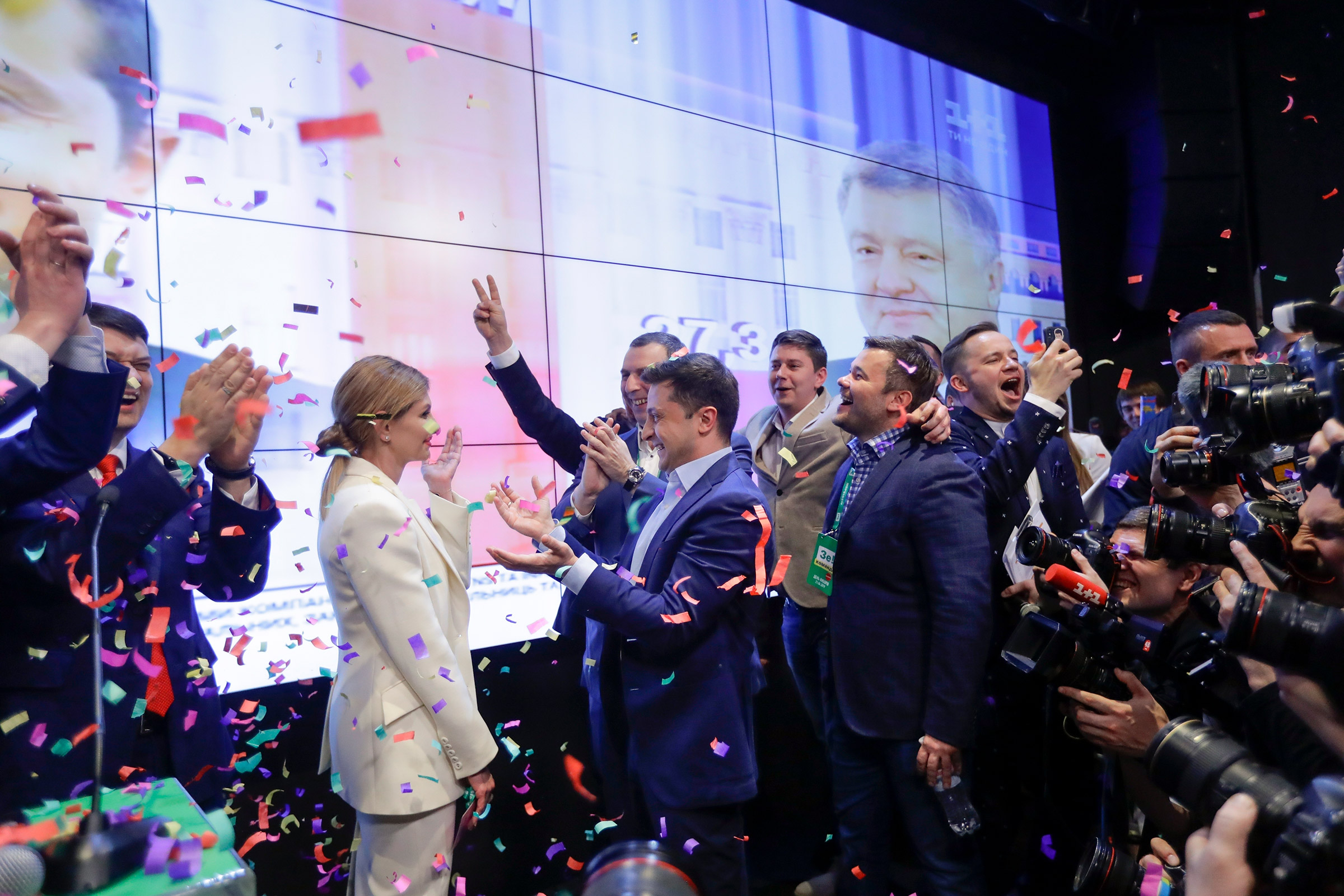 Zelenska celebrates her husband’s election victory in 2019 (Sergei Grits—AP)