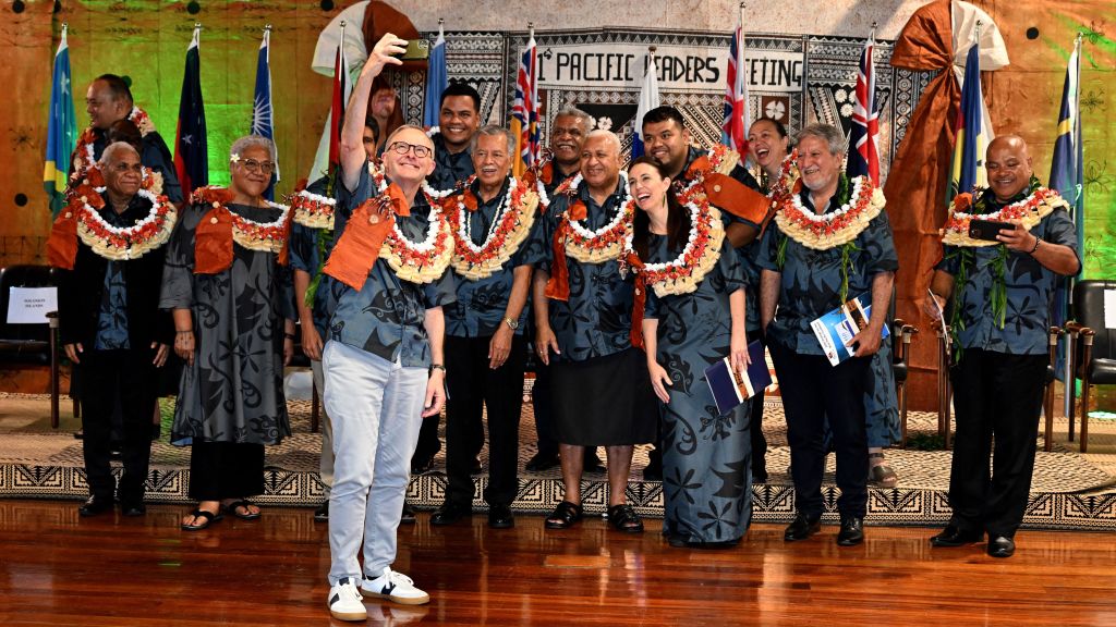 Australia's Prime Minister Anthony Albanese (front) takes a selfie with fellow leaders during the Pacific Islands Forum (PIF) in Suva on July 14, 2022. (William West—POOL/AFP/Getty Images)