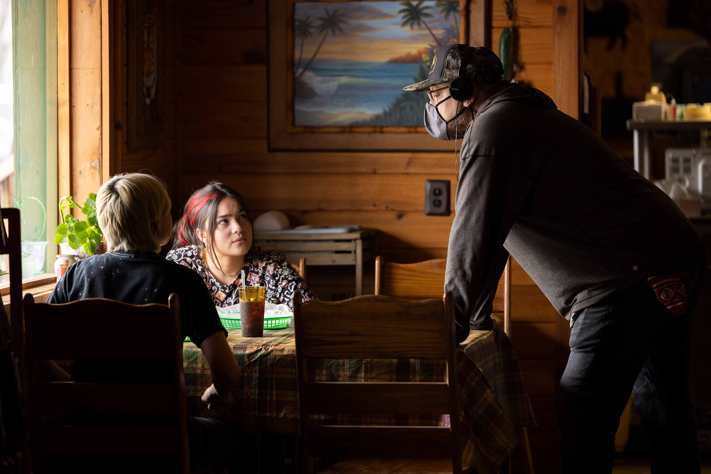 RESERVATION DOGS - BTS — Pictured: (l-r) Devery Jacobs as Elora Danan, Sterlin Harjo. CR: Shane Brown/FX.