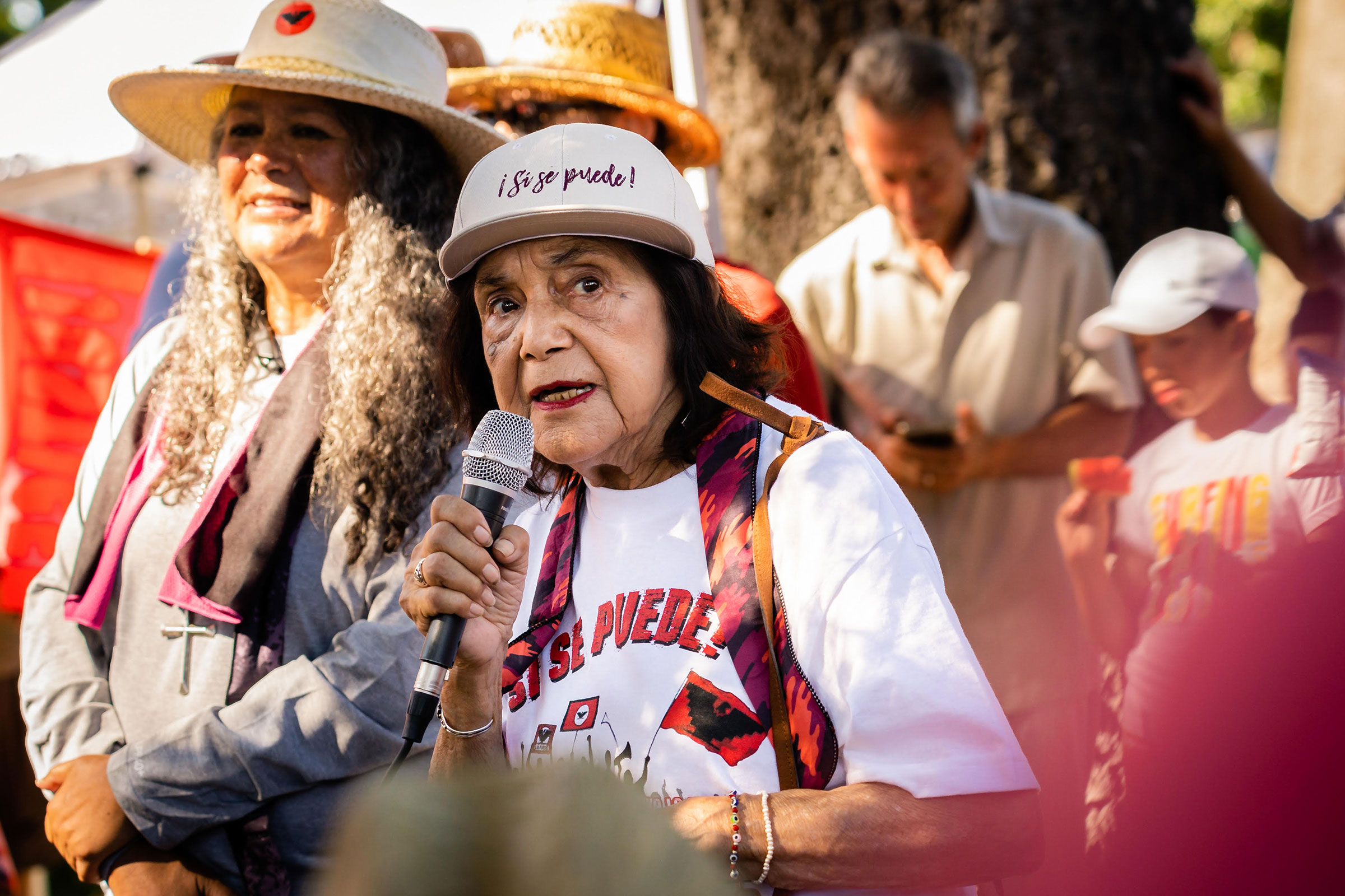Dolores Huerta speaks to volunteers and supporters at the United Farm Workers march at Constitution Park in Stockton, Calif. on Aug. 20th. (Photo Courtesy of Snap Jackson)