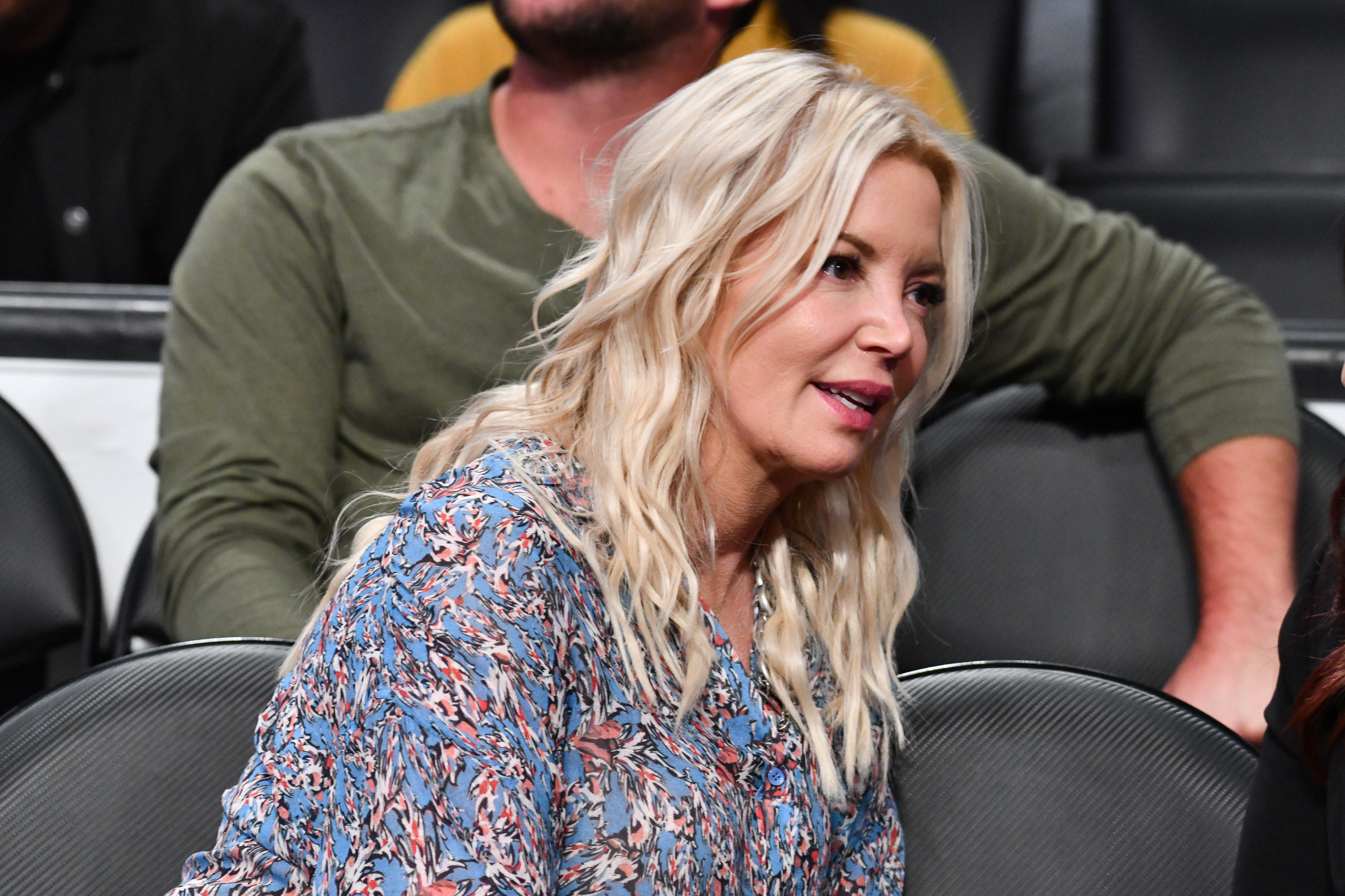 Los Angeles Lakers owner Jeanie Buss, an executive producer on an upcoming Lakers documentary, attends a basketball game between the  Lakers and the Toronto Raptors at Staples Center on November 10, 2019 in Los Angeles, California. (Allen Berezovsky—Getty Images)