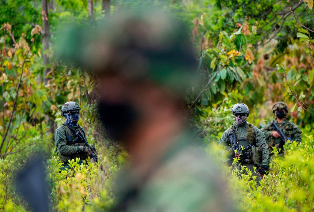 Colombian police officers stand guard inside of a coca field during an operation to eradicate illicit crops in Tumaco, Narino Department, Colombia on Dec. 30, 2020. The year marked another consecutive record for the eradication of coca plants, the raw material for cocaine. (Juan Barreto—AFP via Getty Images)