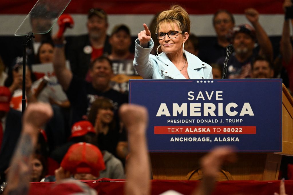 Former Alaska Gov. Sarah Palin speaks on stage during a "Save America" rally before former US President Donald Trump in Anchorage, Alaska on July 9, 2022. (Patrick T. Fallon—AFP via Getty Images)