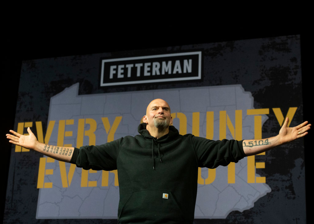 John Fetterman, the lieutenant governor of Pennsylvania and a Democratic candidate for Senate, during a rally at the Bayfront Convention Center on August 12, 2022 in Erie, Pennsylvania. Fetterman is leading in polling against Dr. Mehmet Oz, a Republican candidate endorsed by Donald Trump. (Nate Smallwood—Getty Images)