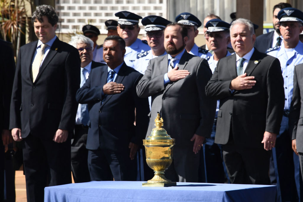 The urn with the heart of Dom Pedro I, founder and first ruler of the Empire of Brazil, receives military honors upon arrival at the Brasilia Air Base on Aug. 22, 2022. (Evaristo SA—AFP via Getty Images)