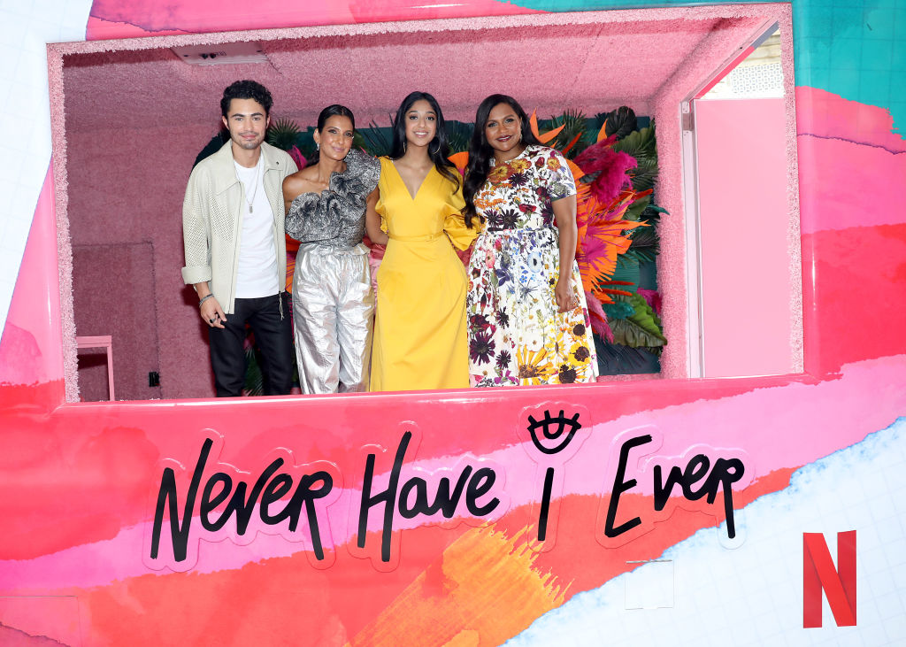 Poorna Jagannathan, second from left, with castmates Darren Barnet and Maitreyi Ramakrishnan and show creator Mindy Kaling. (Credit: Monica Schipper/Stringer/Getty Images) (Getty Images for Netflix&mdash;2021 Getty Images)