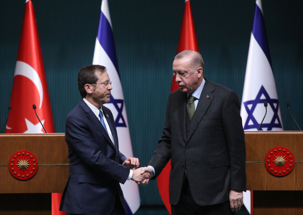 Israel President Isaac Herzog and President Recep Tayyip Erdogan held a press conference in Ankara on Mar. 9, 2022 in Ankara, Turkey. (Yavuz Ozden—dia images via Getty Images)