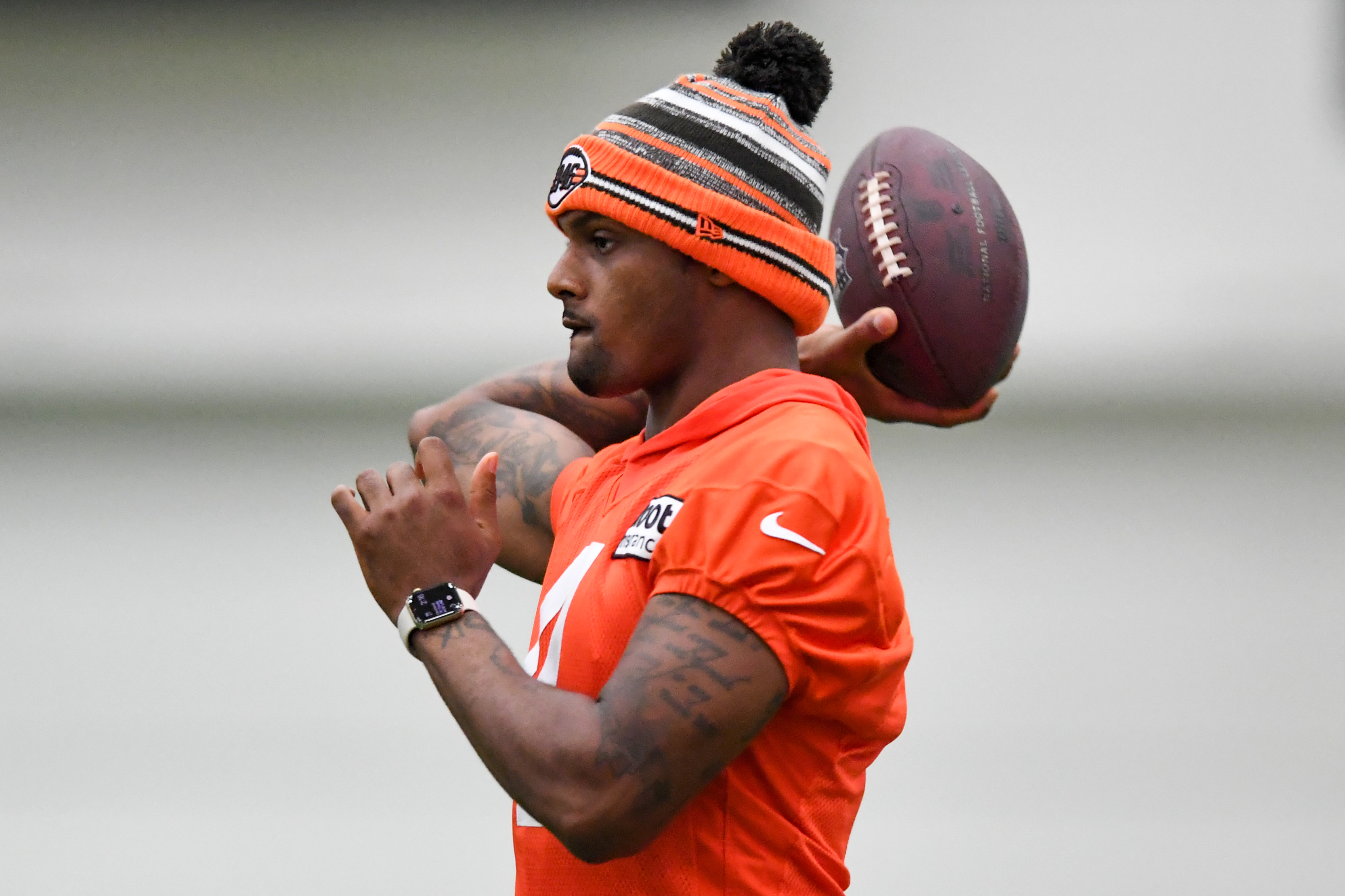 Deshaun Watson of the Cleveland Browns throws a pass during Cleveland Browns training camp at CrossCountry Mortgage Campus on July 27, 2022 in Berea, Ohio. (Nick Cammett—Getty Images))