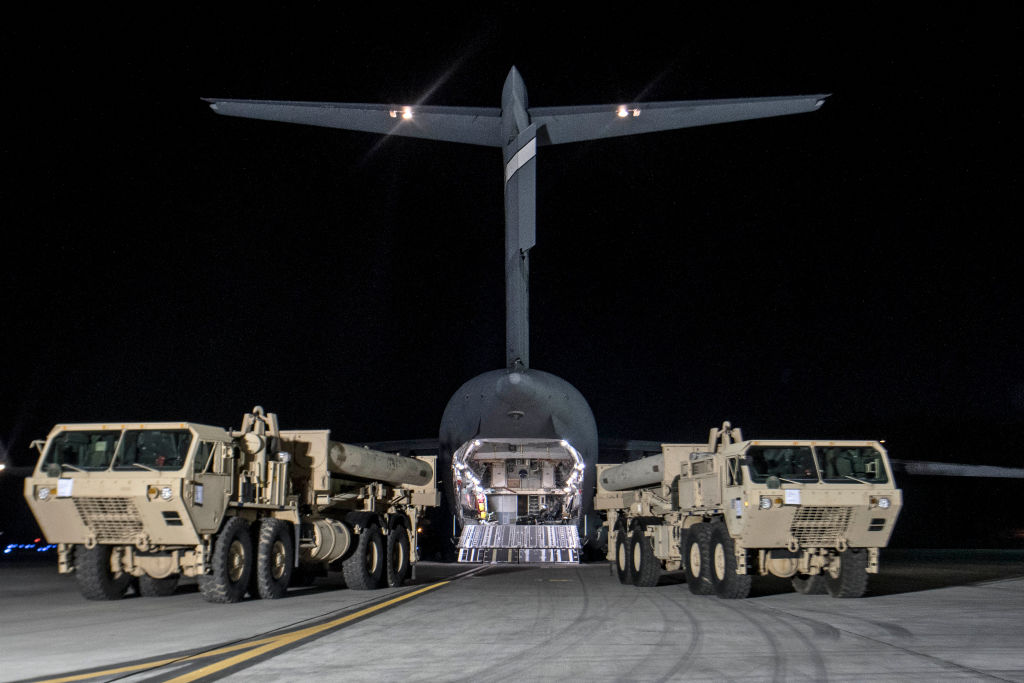 This photo, provided by U.S. Forces Korea and dated Mar. 7 2017, shows trucks carrying equipment needed to set up the Terminal High Altitude Area Defense (THAAD) missile defense system, as they arrives at Osan base, South Korea. (NurPhoto via Getty Images—USFK/NurPhoto)