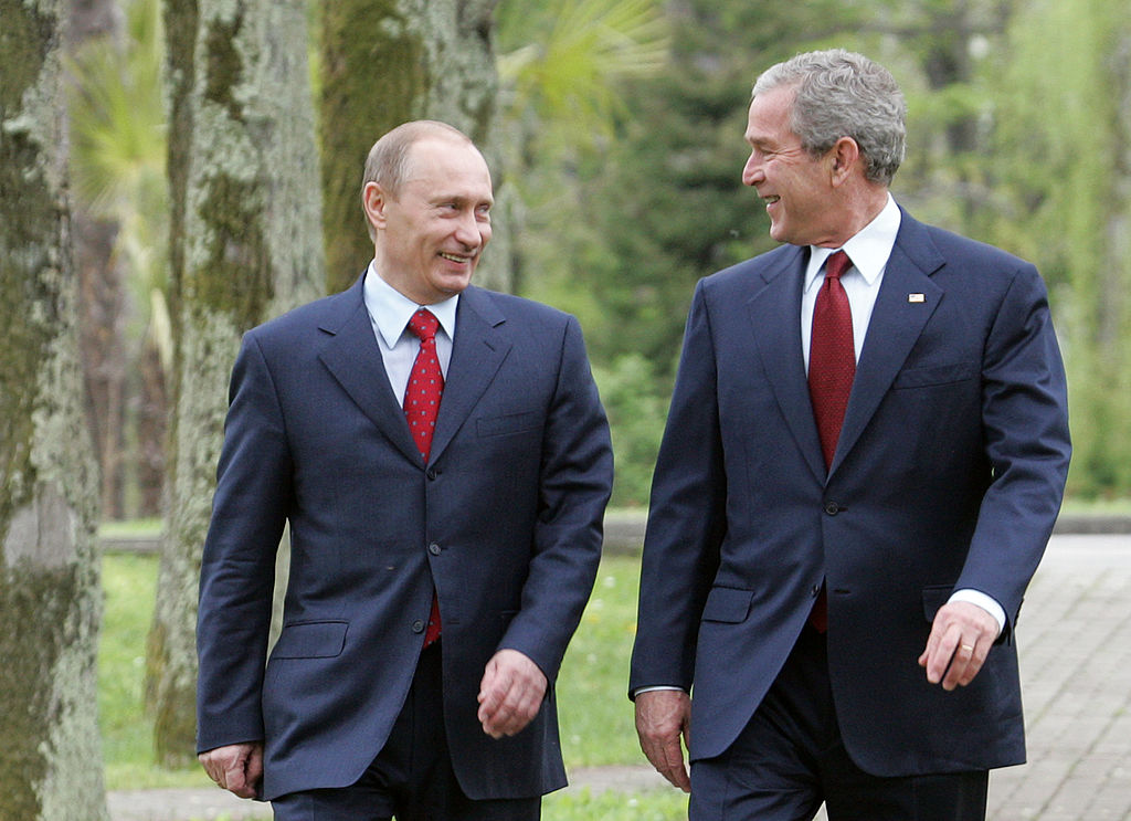 Russian President elect Dimitry Medvedev (R) and US President George W. Bush talk during a bilateral meeting at the President's summer retreat Docharov Ruchei in Sochi, Russia, on April 06, 2008. (Artyom Korotayev-Epsilon/Getty Images)