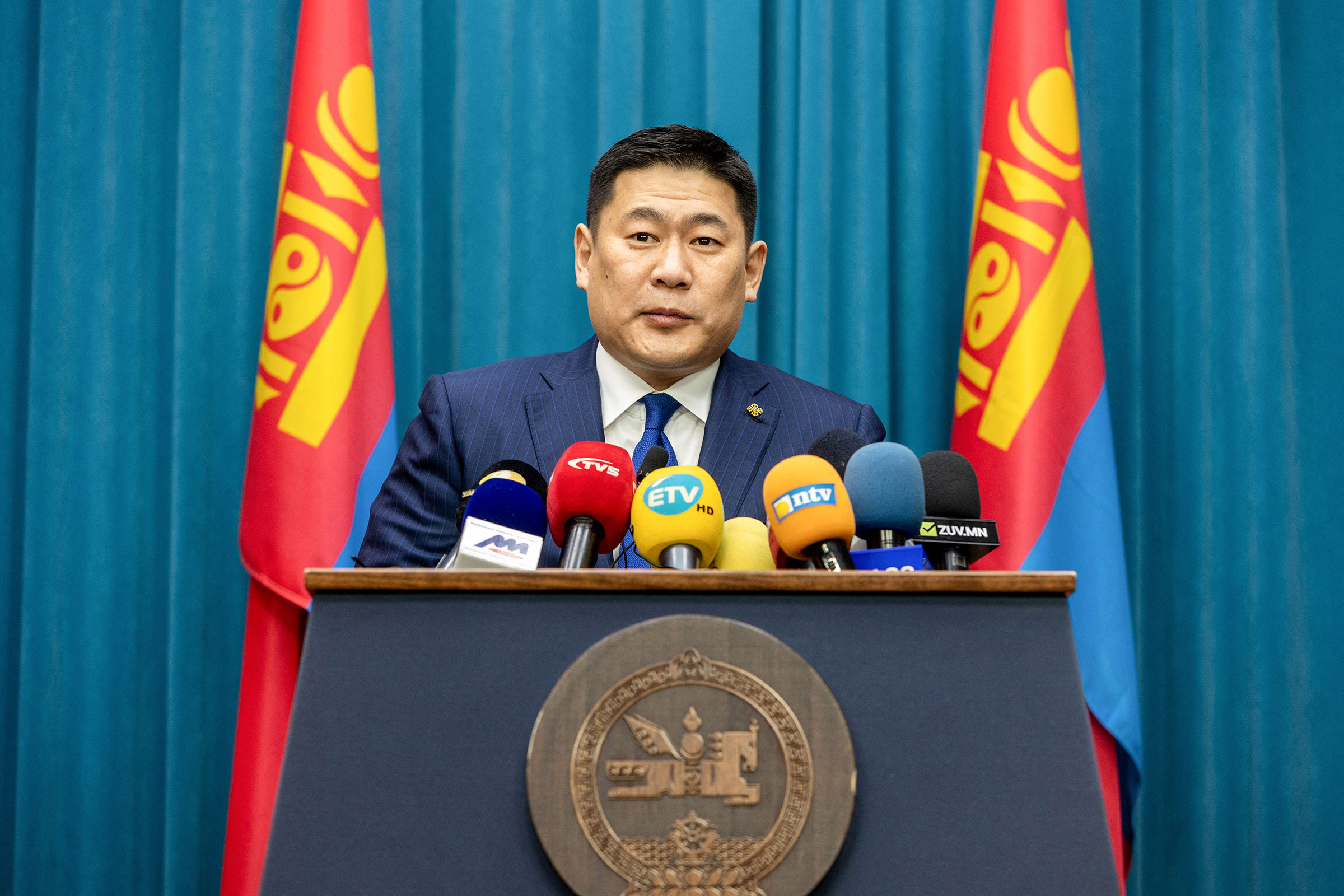Mongolia's Prime Minister Luvsannamsrai Oyun-Erdene speaks during a meeting to announce the reopening of Mongolia's borders to international travel, in Ulaanbaatar, the capital of Mongolia, on Feb. 14, 2022. (Byambasuren Byamba-Ochir—AFP/Getty Images)