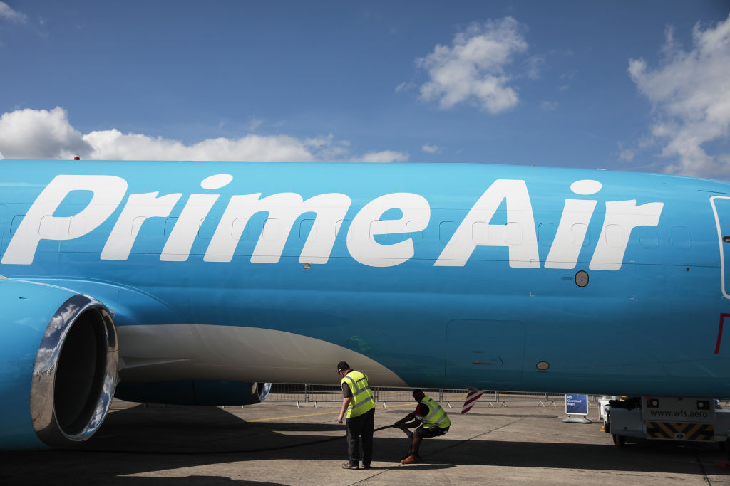 A Prime Air cargo plane, operated by Amazon.com Inc., sits on on display ahead of the 53rd International Paris Air Show at Le Bourget in Paris, France, on Sunday, June 16, 2019. (Jason Alden—Bloomberg via Getty Images)