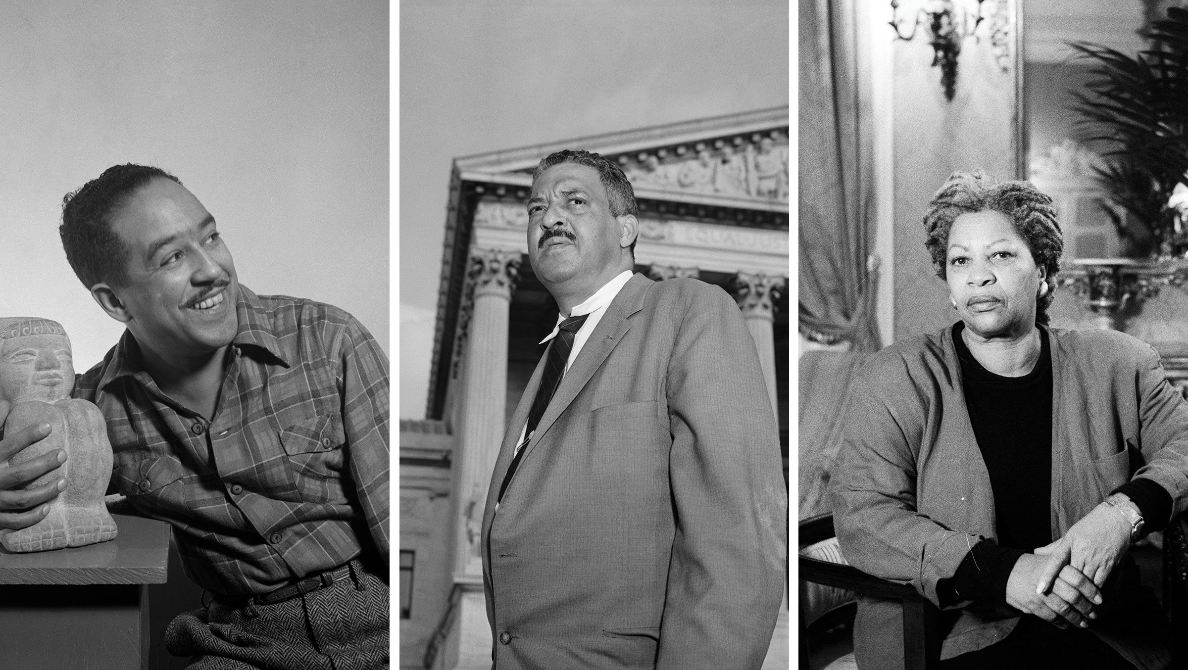 Black and white triptych showing Langston Hughes, Thurgood Marshall, and Toni Morrison