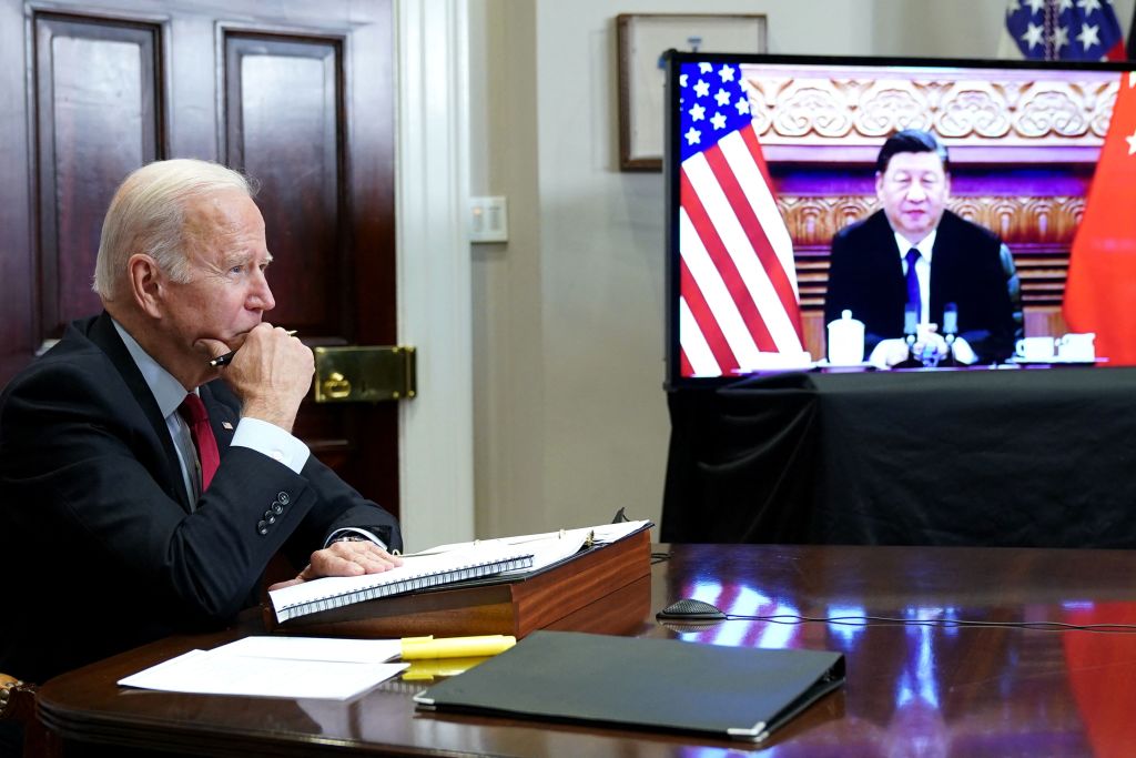 U.S. President Joe Biden meets with China's President Xi Jinping during a virtual summit from the Roosevelt Room of the White House in Washington, DC, November 15, 2021. (Mandel Ngan—AFP/Getty Images)