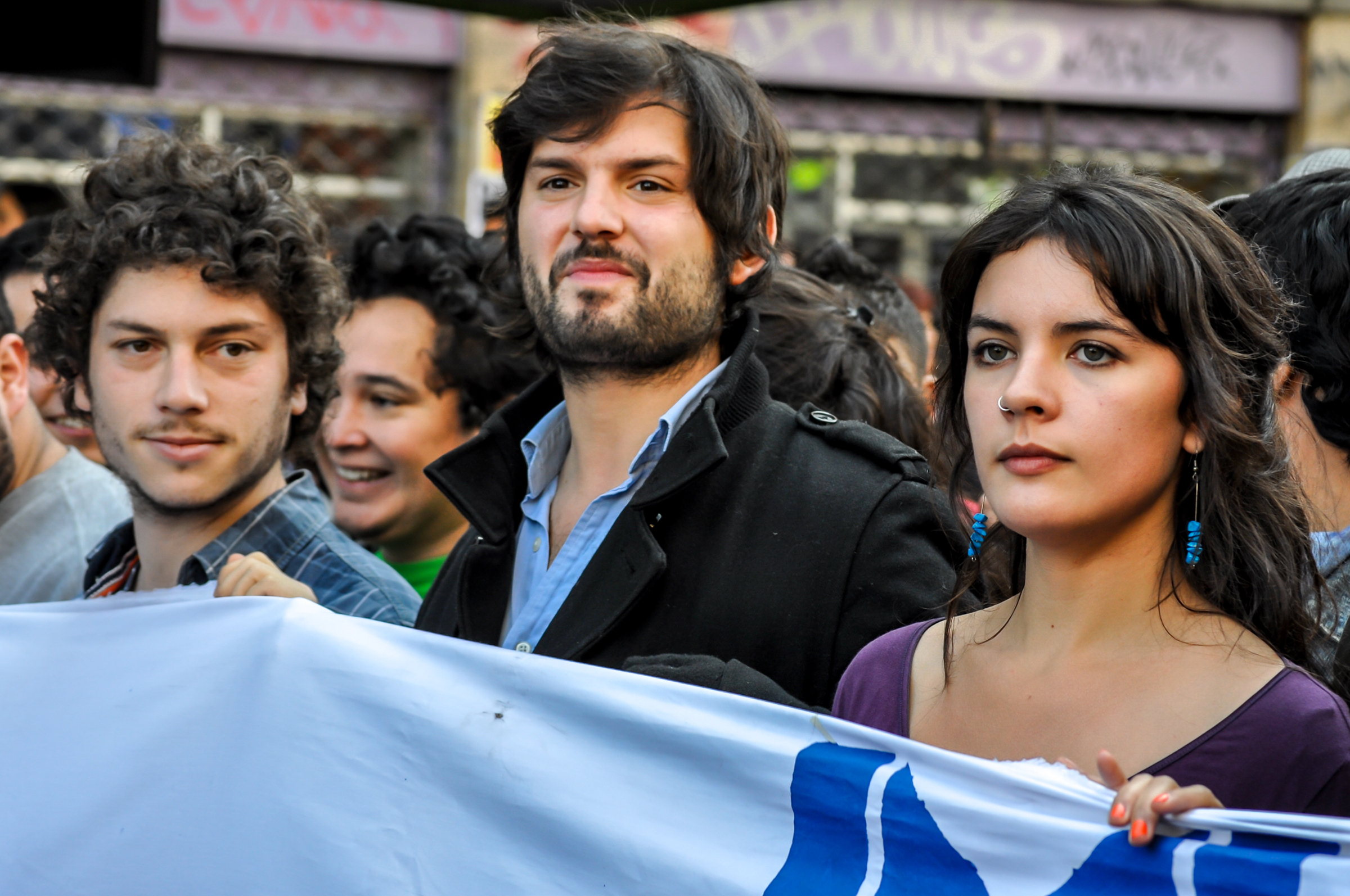 Boric in 2012 with student leaders, including future official spokesperson Camila Vallejo, right. (Fernando Lavoz—NurPhoto/Getty Images)