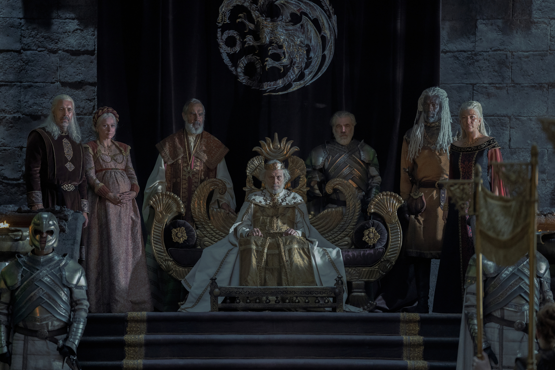 Paddy Considine, Sian Brooke, Michael Carter, Steve Toussaint, and Eve Best in <i>House of the Dragon</i> (Ollie Upton—HBO)