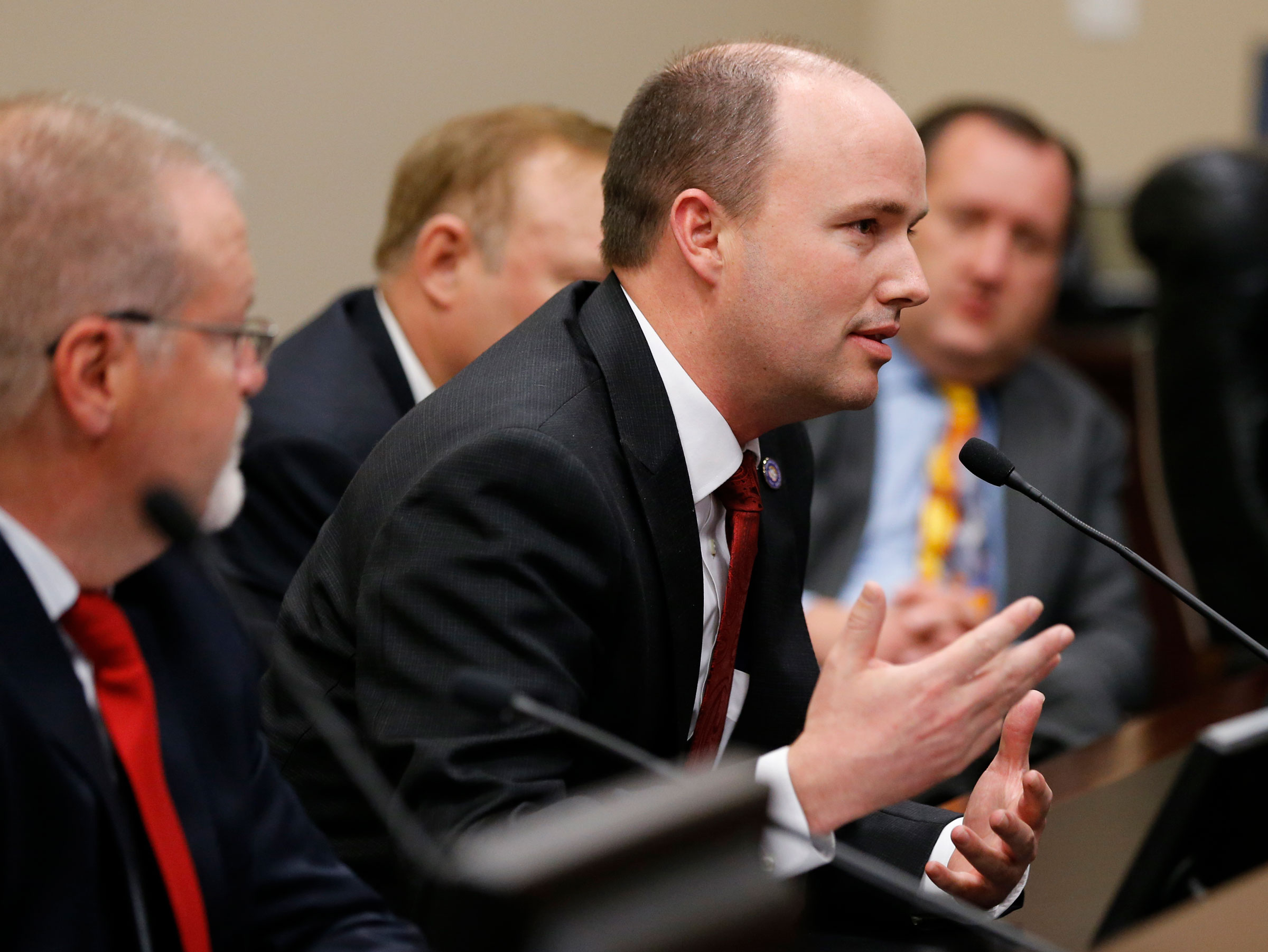 Utah Lt. Governor Spencer Cox talks after hearing testimony in a unofficial hearing in support of Utah bill SB100