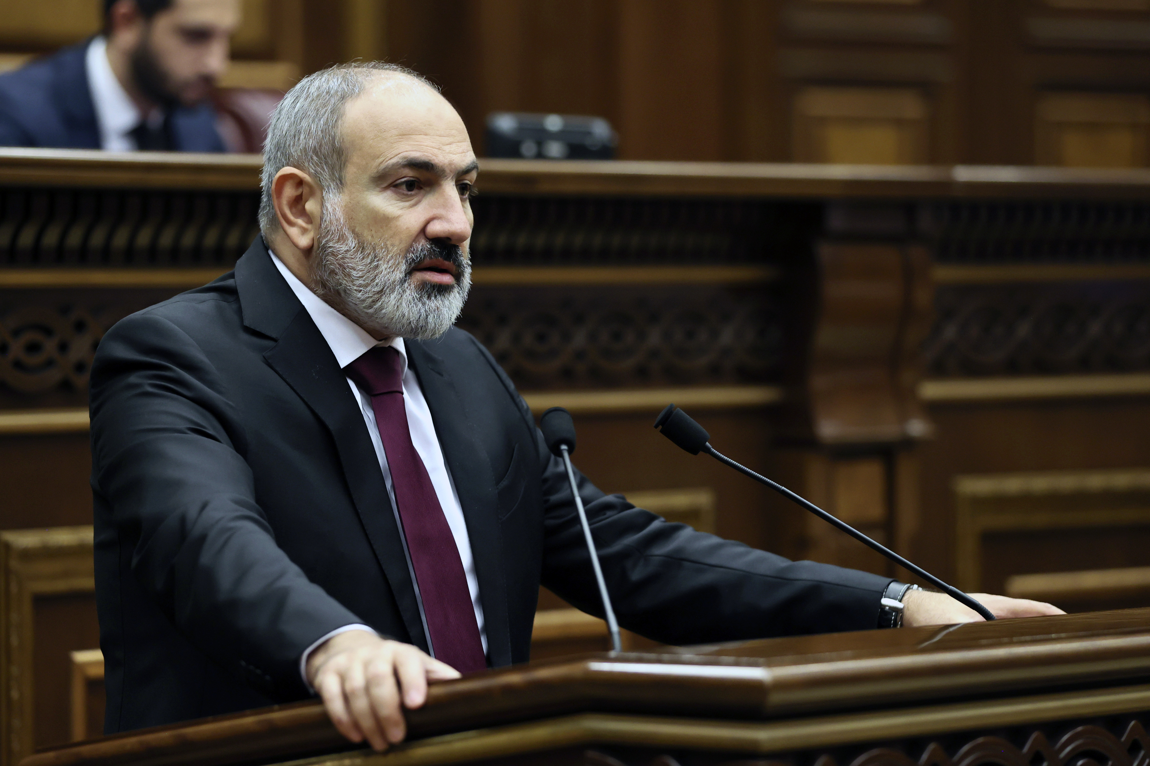 Armenian Prime Minister Nikol Pashinyan delivers his speech at the National Assembly of Armenia in Yerevan, Armenia, Tuesday, Sept. 13, 2022. (Tigran Mehrabyan—PAN Photo/AP)