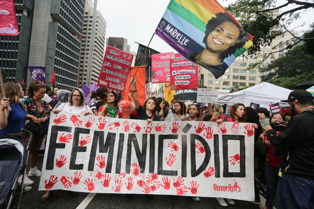 Women march in downtown São Paulo, Brazil, on Sunday, March 8, 2020, to mark International Women's Day. (Fabio Vieira/FotoRua/NurPhoto via Getty Images)