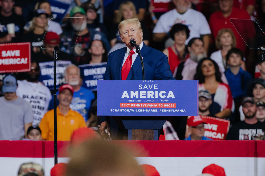 Former US President Donald Trump speaks during a rally in Wilkes-Barre, Pennsylvania, US, on Saturday, Sept. 3, 2022. Trump used a Pennsylvania rally to vent his anger at an FBI search of his Florida home and President Joe Bidens attack on political extremism, staking his claim as his successors election rival in 2024. (Michelle Gustafson-Bloomberg)