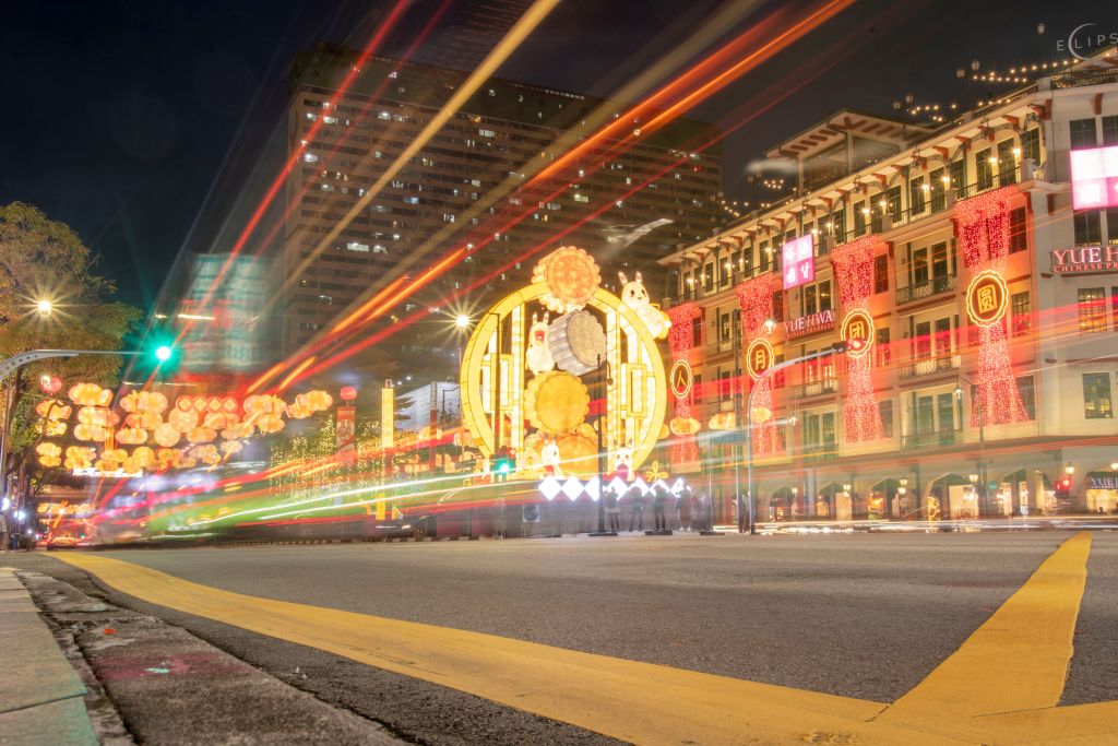 This September 7, 2022 photo shows Mid-Autumn Festival decorations installed in Singapore's Chinatown.  (Then Chih Wey/Xinhua via Getty Images)