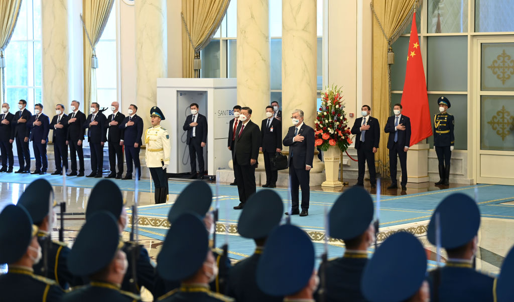 Kazakhstan's President Kassym-Jomart Tokayev welcomes President of China Xi Jinping with an official ceremony at Akorda Presidential Palace in Nur Sultan, Kazakhstan on Sept. 14, 2022. (Presidency of Kazakhstan / Handout/Anadolu Agency via Getty Images)