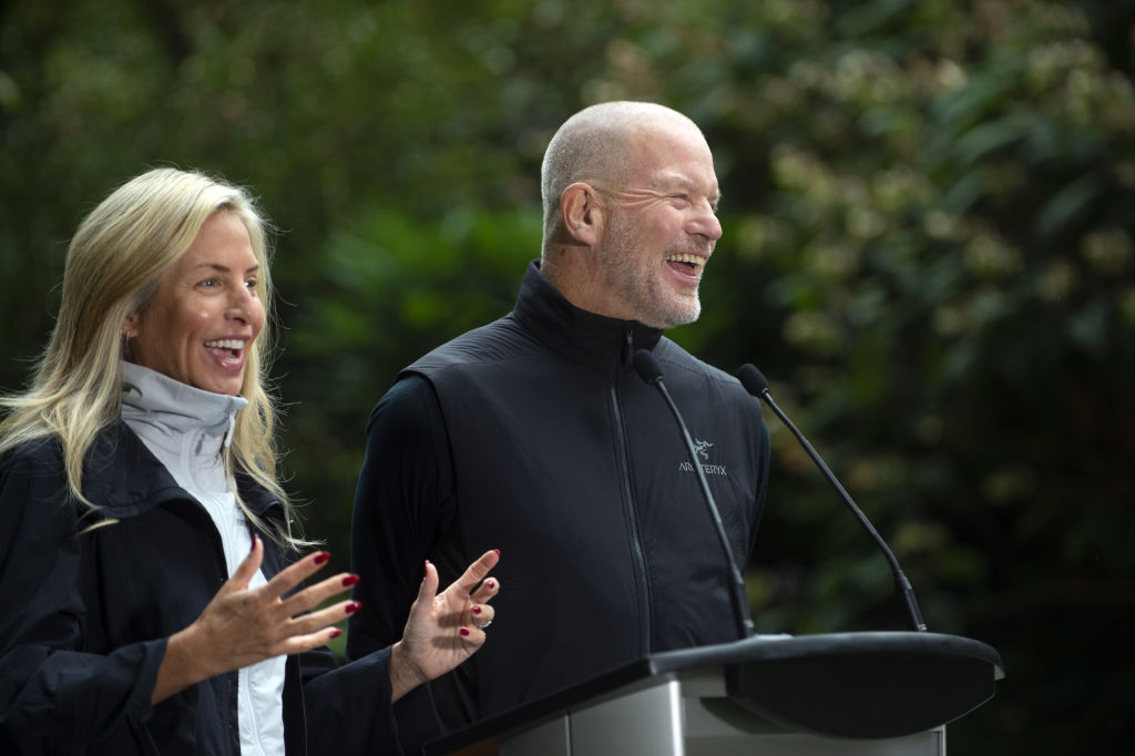 Chip Wilson, founder of Lululemon Athletica Inc., and his wife, Summer Wilson, former lead designer for Lululemon Athletica and founder of Kit And Ace, during a news conference in Vancouver, British Columbia, Canada, on Thursday, Sept. 15, 2022. Wilson is making his biggest philanthropic gift ever—and one of the largest among Canadas ultra-rich—to protect vast tracts of wilderness in the western part of the country. (Taehoon Kim/Bloomberg—Getty Images)