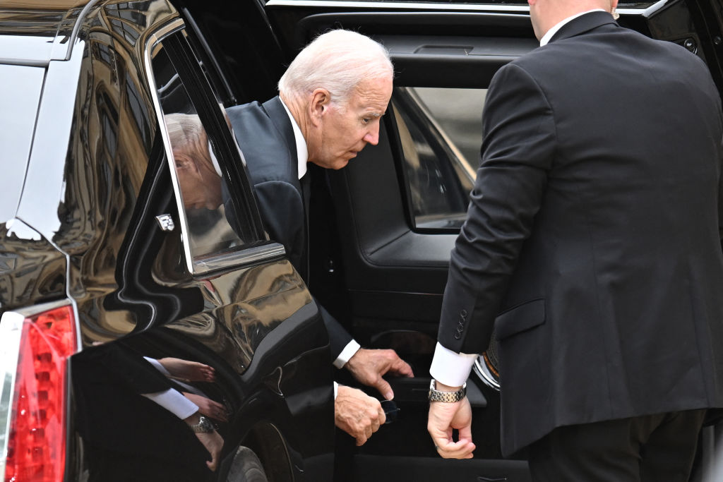 U.S. President Joe Biden arrives at Westminster Abbey in London on September 19, 2022, for the State Funeral Service for Britain's Queen Elizabeth II (OLI SCARFF/AFP via Getty Images)