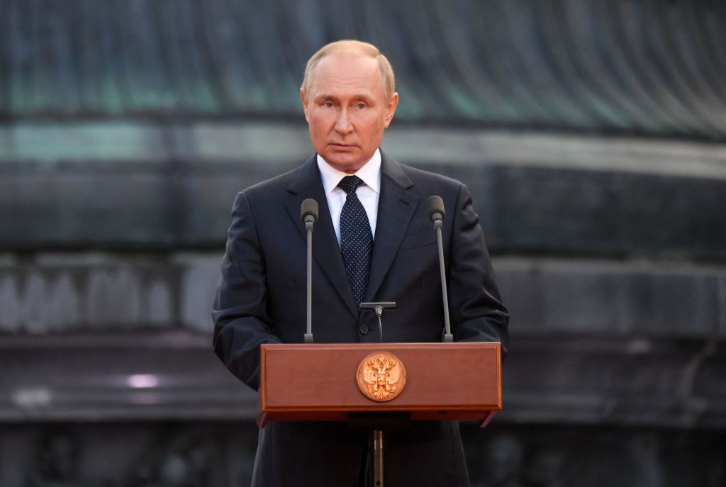 Russian President Vladimir Putin gives a speech during an event to mark the 1160th anniversary of Russia's statehood in Veliky Novgorod on September 21, 2022. (ILYA PITALEV—SPUTNIK/AFP/Getty Images)