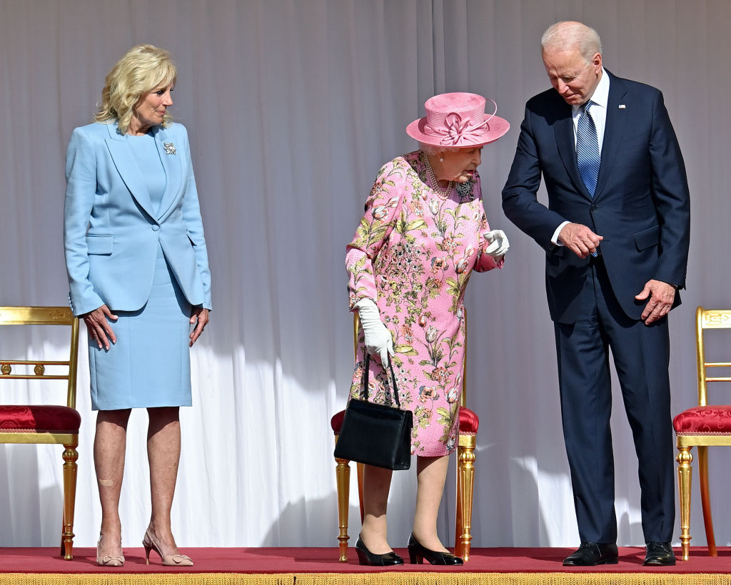 First Lady Dr Jill Biden, Queen Elizabeth II and U.S. President Joe Biden attend the president's ceremonial welcome at Windsor Castle on June 13, 2021 in Windsor, England. (Pool/Max Mumby/Getty Images)