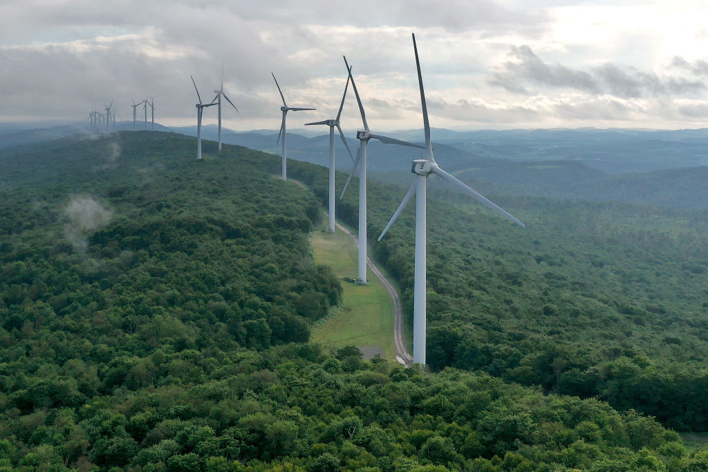 In this aerial view, turbines that are part of Constellation Energy's Criterion Wind Project stand in a row along the top of Backbone Mountain on August 22, 2022 in Oakland, Maryland. The 70-megawatt wind farm runs along eight miles of the mountain ridge and consists of 28 Clipper 2.5 MW Liberty Turbines, each one 415-feet tall. As of 2016, wind power accounted for only 1.4 percent of all in-state electricity generation in Maryland. (Chip Somodevilla-Getty Images)