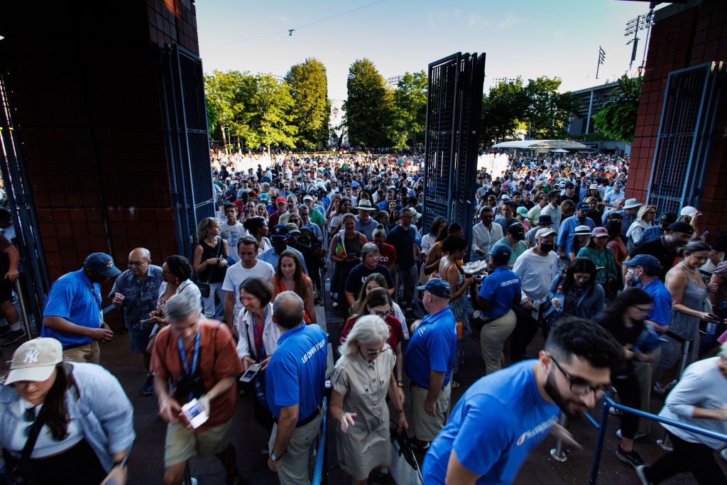 Fans line up to access Arthur Ashe Stadium to watch Serena Williams of the United States against Ajla Tomljanovic of Australia in the third round of women's singles at the US Open at the USTA Billie Jean King National Tennis Center on September 2, 2022 in New York.  (Frey/TPN/Getty Images)