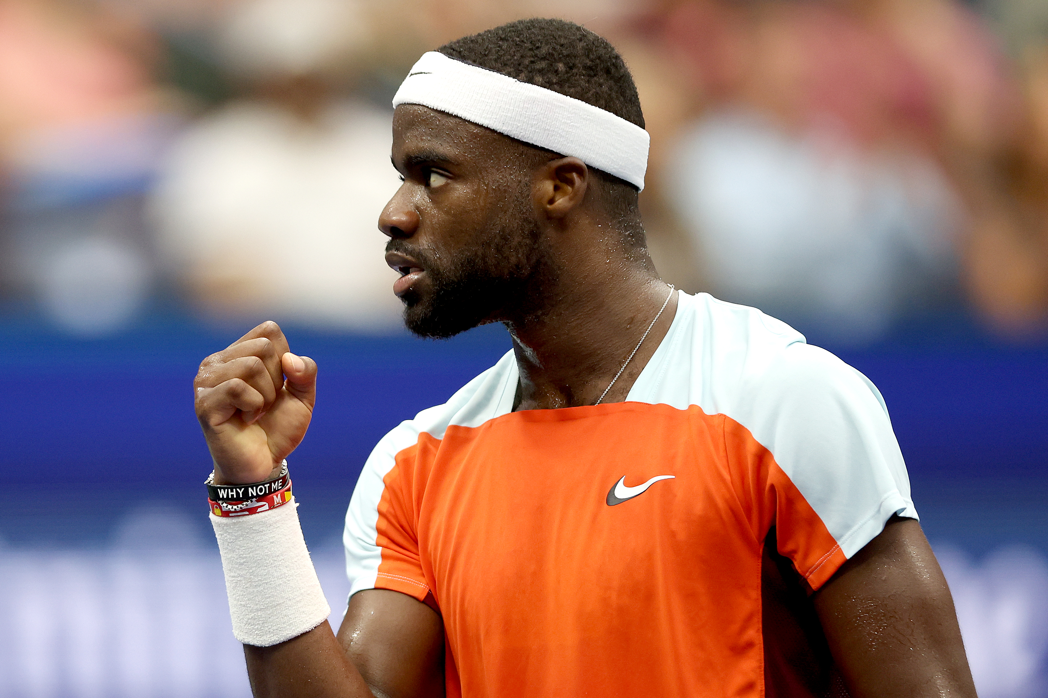 Frances Tiafoe of the United States celebrates a point against Andrey Rublev during their Men’s Singles Quarterfinal match on Day Ten of the 2022 US Open at USTA Billie Jean King National Tennis Center on September 07, 2022 in New York City. (Matthew Stockman—Getty Images)