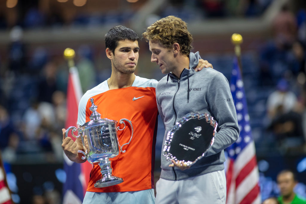 Winner Carlos Alcaraz of Spain and runner-up Casper Ruud of Norway with their trophies after the Men's Singles Final match at the USTA National Tennis Center on Sept. 11th 2022 in Flushing, Queens, New York City. (Tim Clayton/Corbis via Getty Images)