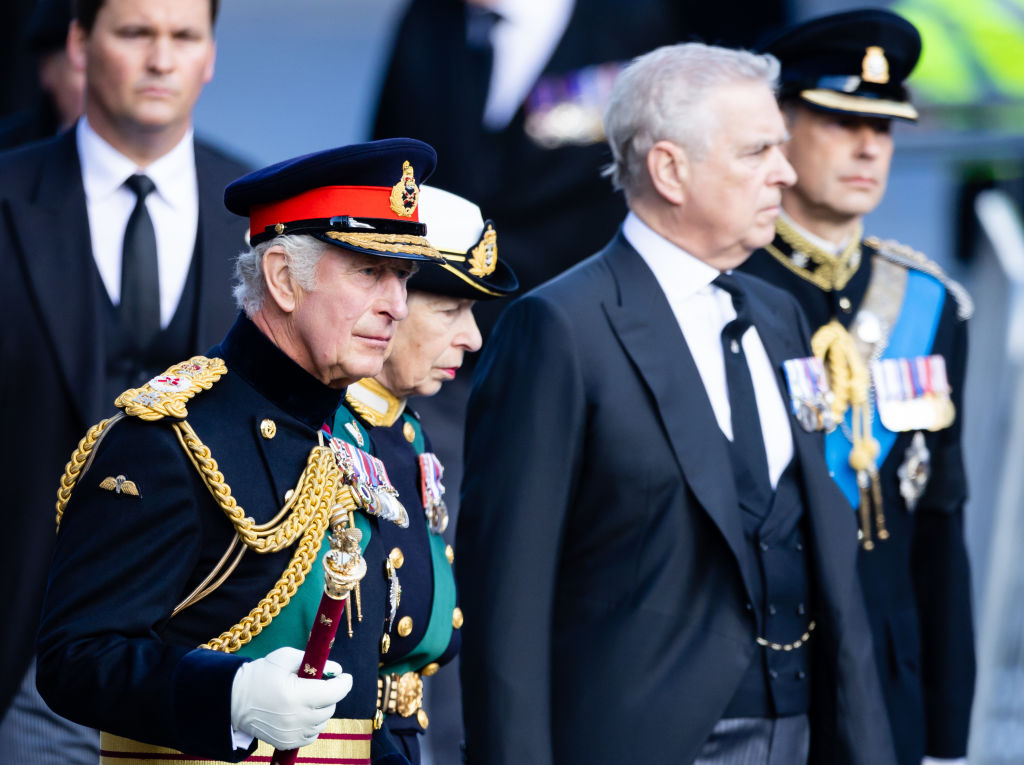 King Charles III, Princess Anne, Prince Andrew and Prince Edward arrive at St. Giles Cathedral in Edinburgh, Scotland on September 12, 2022. (Samir Hussain—WireImage/Getty Images)