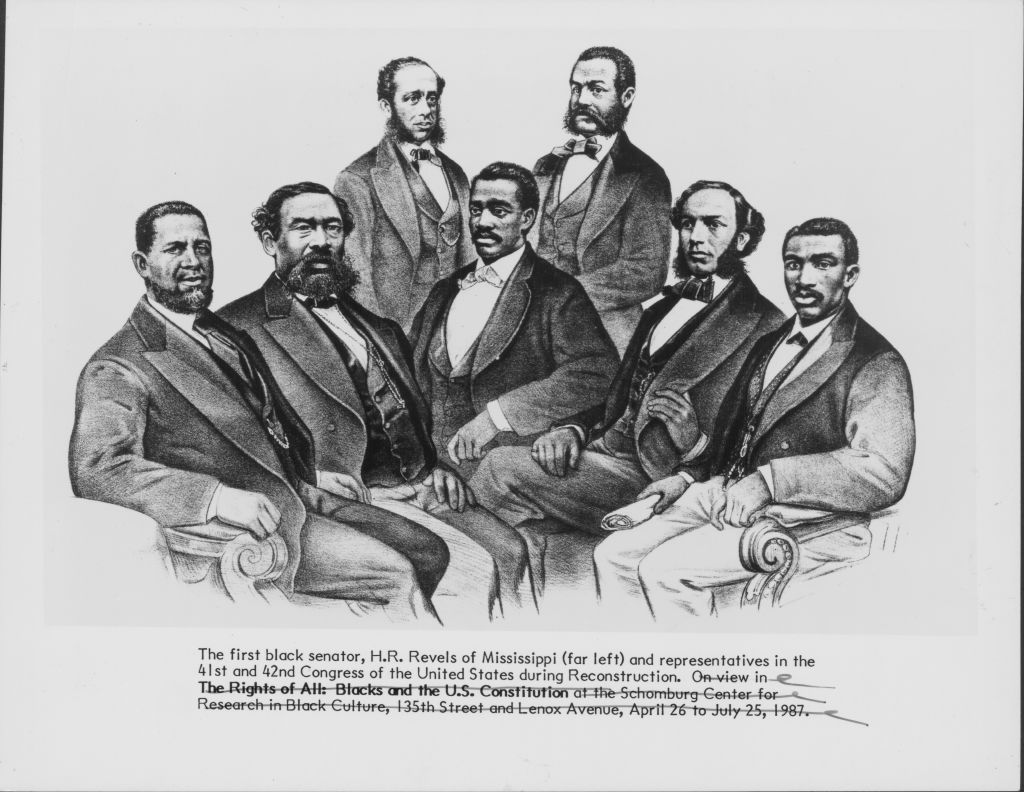 Sketched group portrait of the first black senator, H. M. Revels of Mississippi and black representatives of the US Congress during the Reconstruction Era following the American Civil War, circa 1870-1875. (Archive Photos/Getty Images)