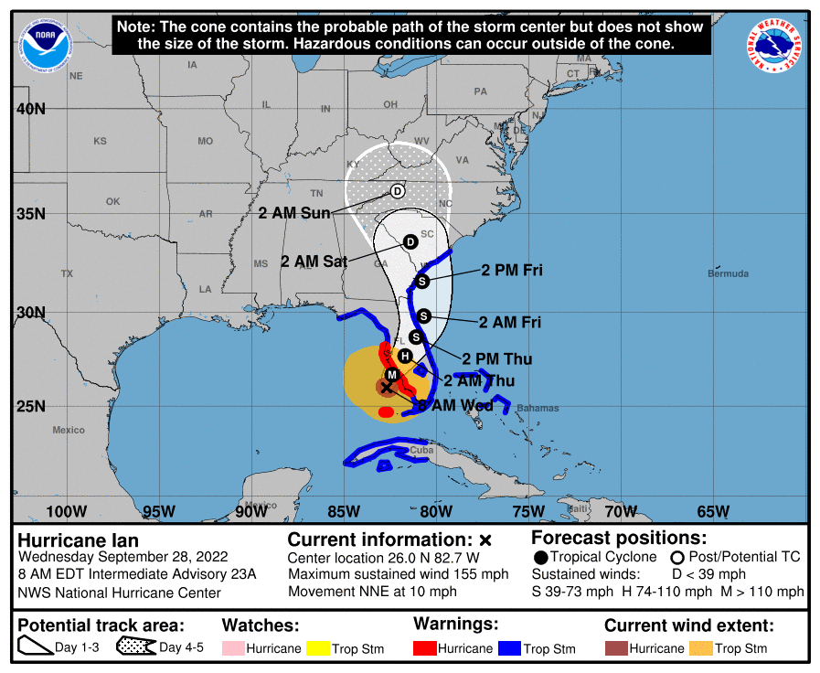 Esta foto muestra la ruta probable del huracán Ian, una tormenta de categoría 4, que se espera que llegue a Florida el 28 de septiembre de 2022. (Centro Nacional de Huracanes)