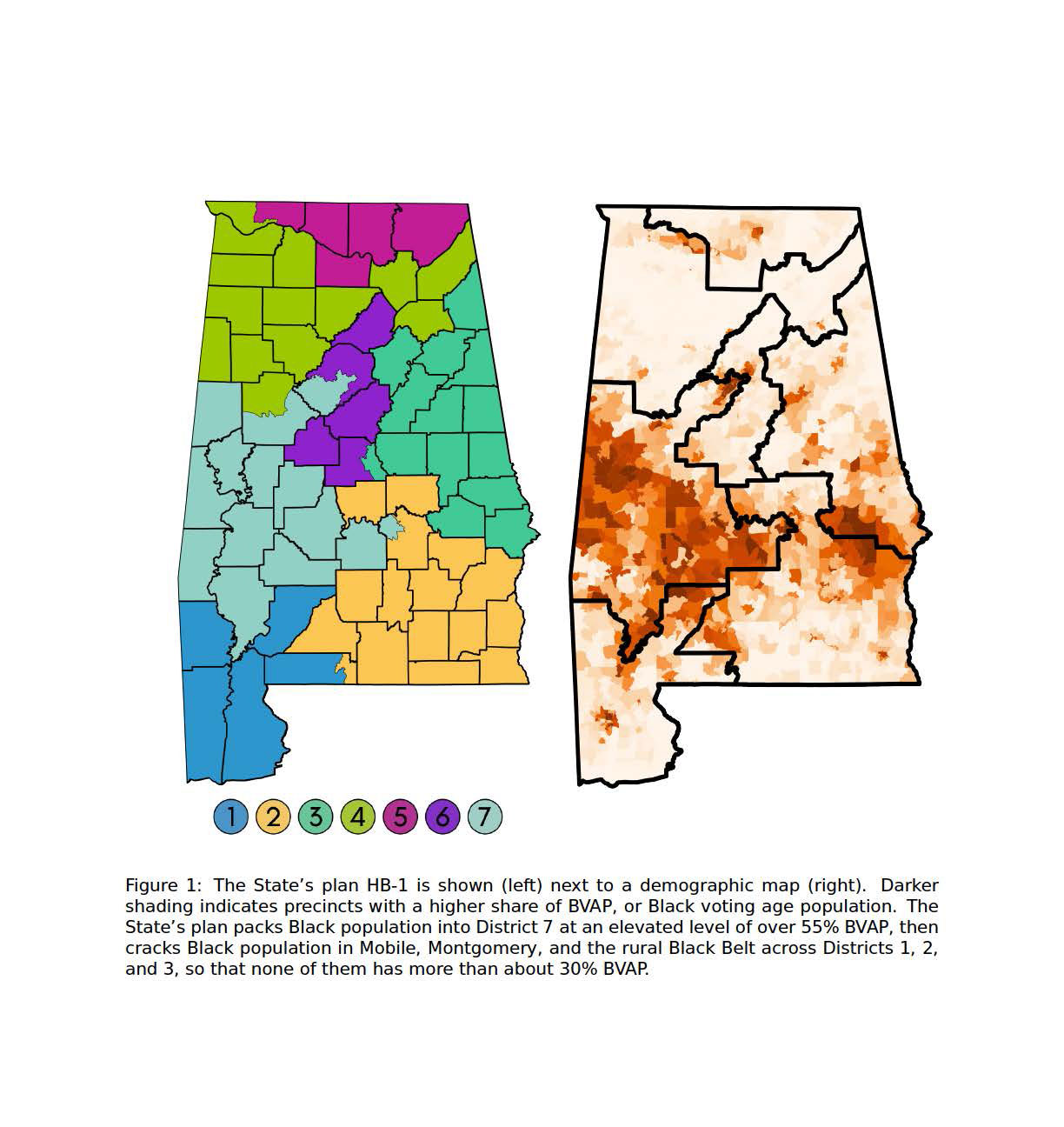 Alabama's proposed 2021 redistricting plan (left) next to a demographic map (right) in an exhibit submitted by the plaintiffs alleging the map violates the Voting Rights Act. (Milligan v. Merrill)