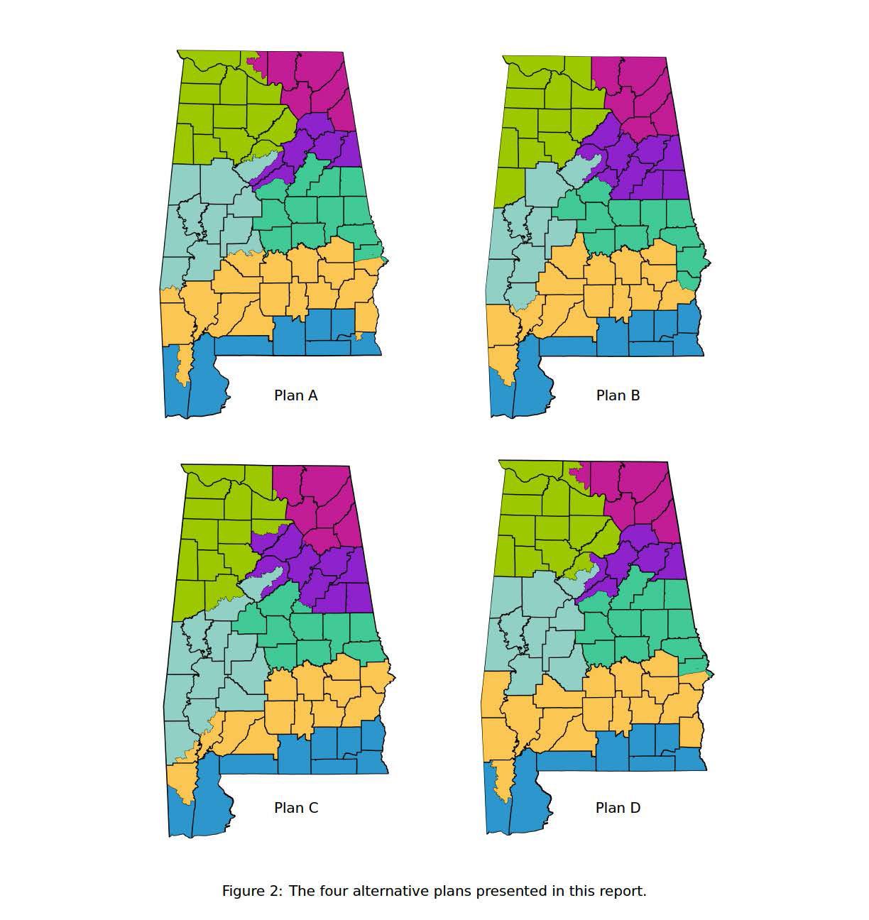 four maps of Alabama showing alternative redistricting plans