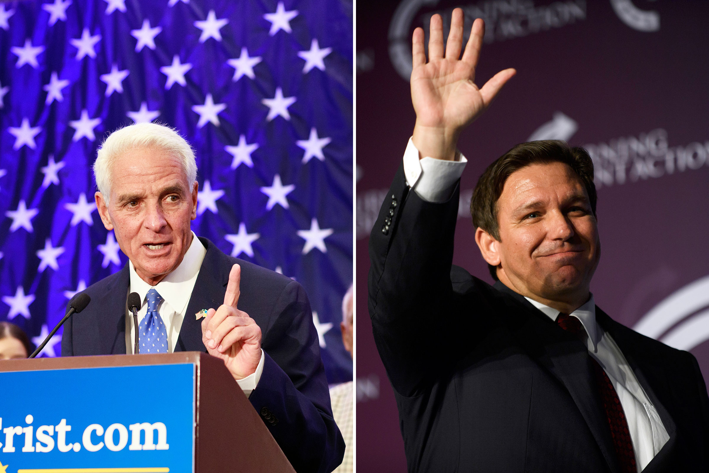 diptych of Charlie Crist and Ron DeSantis