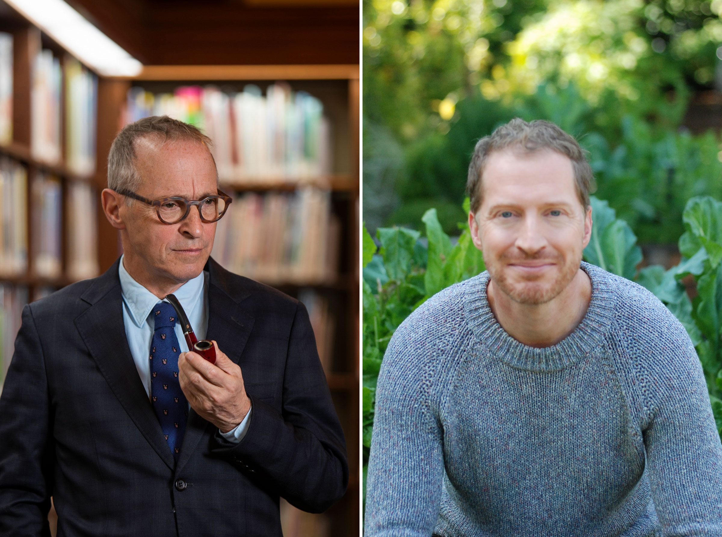 Authors David Sedaris (left) and Andrew Sean Greer discuss their books 'Happy-Go-Lucky' and 'Less Is Lost,' swap travel stories, and reflect on the power of humor writing (Sedaris: Anne Fishbein; Greer: Kaliel Roberts)