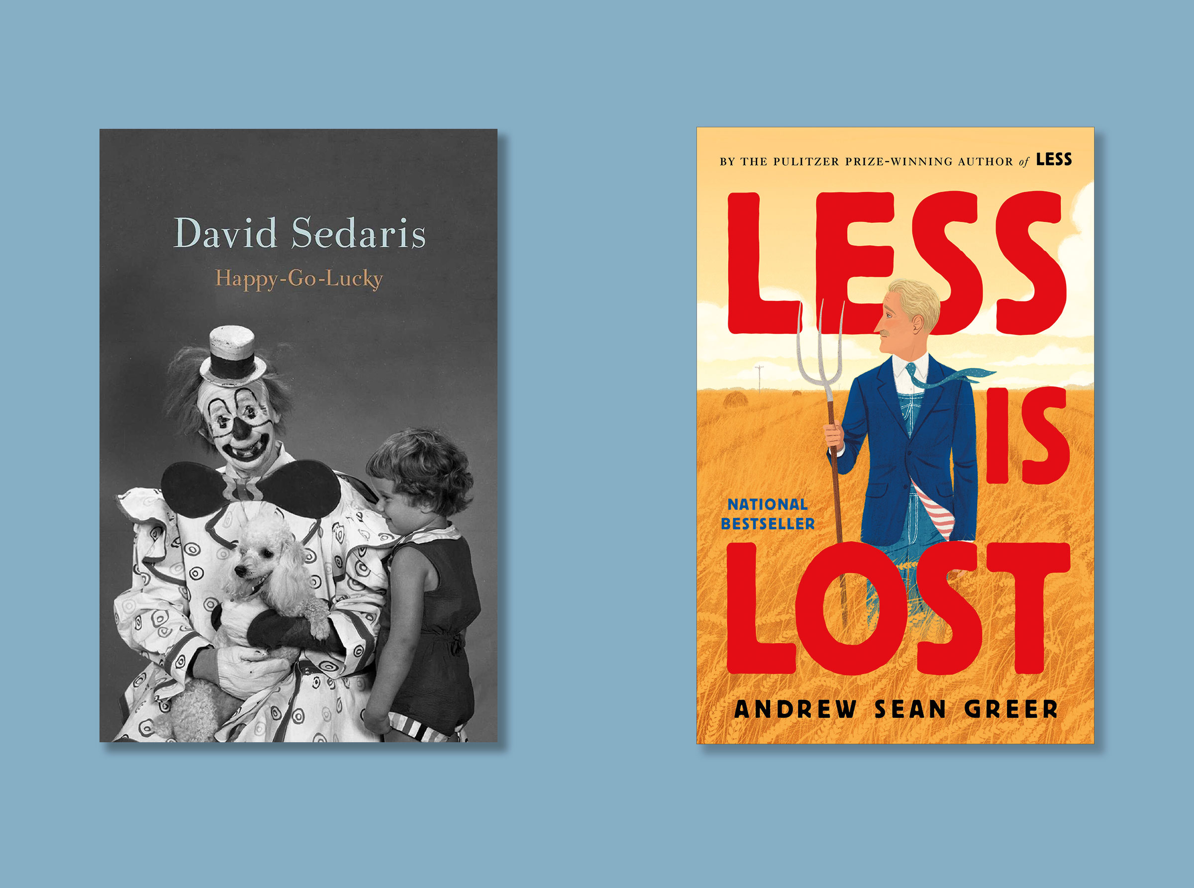 book covers of Happy-Go-Lucky by David Sedaris and Less is Lost by Andrew Sean Greer