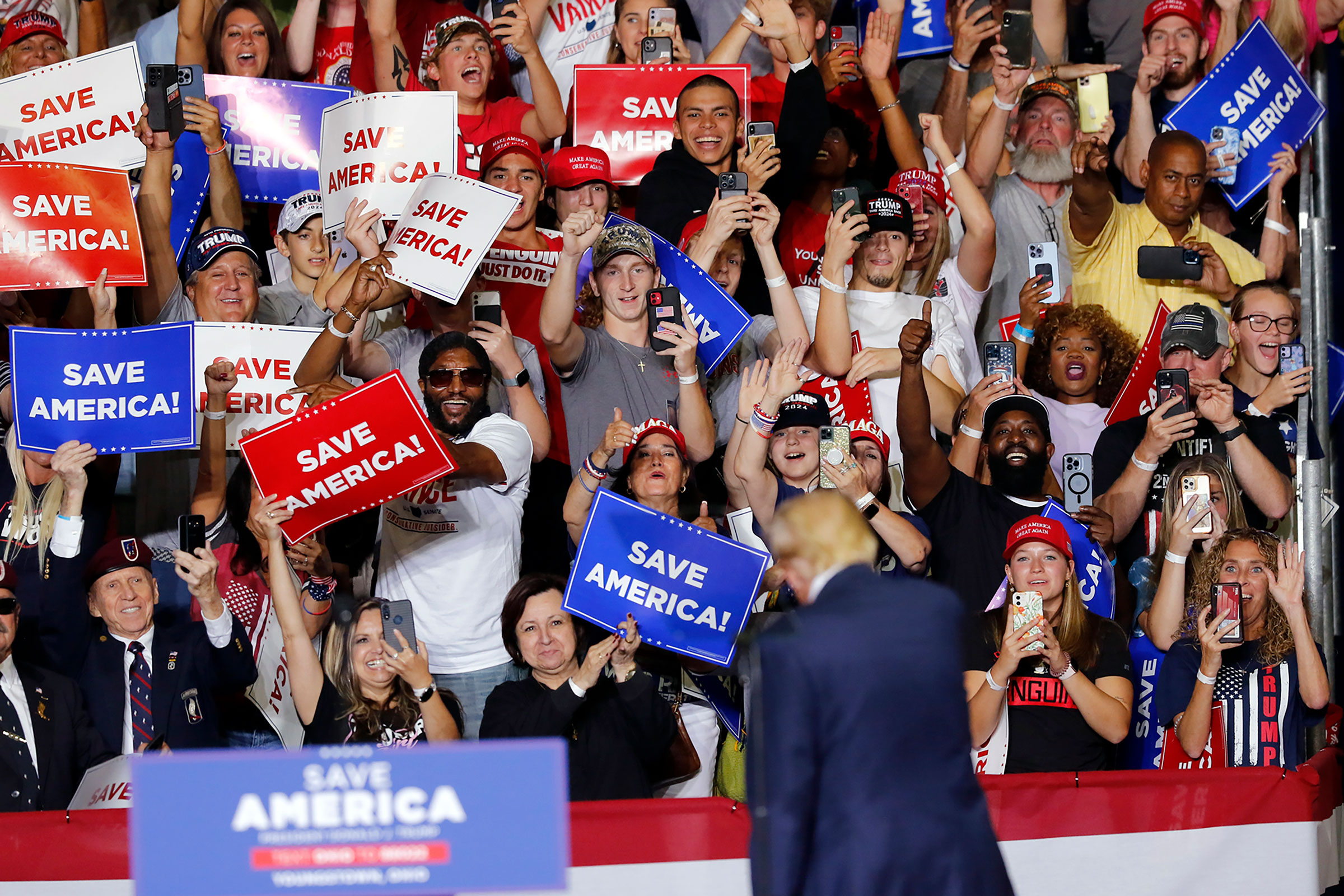 Former President Donald Trump takes the stage at a campaign rally in Youngstown, Ohio. on Saturday, Sept. 17, 2022. (Tom E. Puskar—AP)