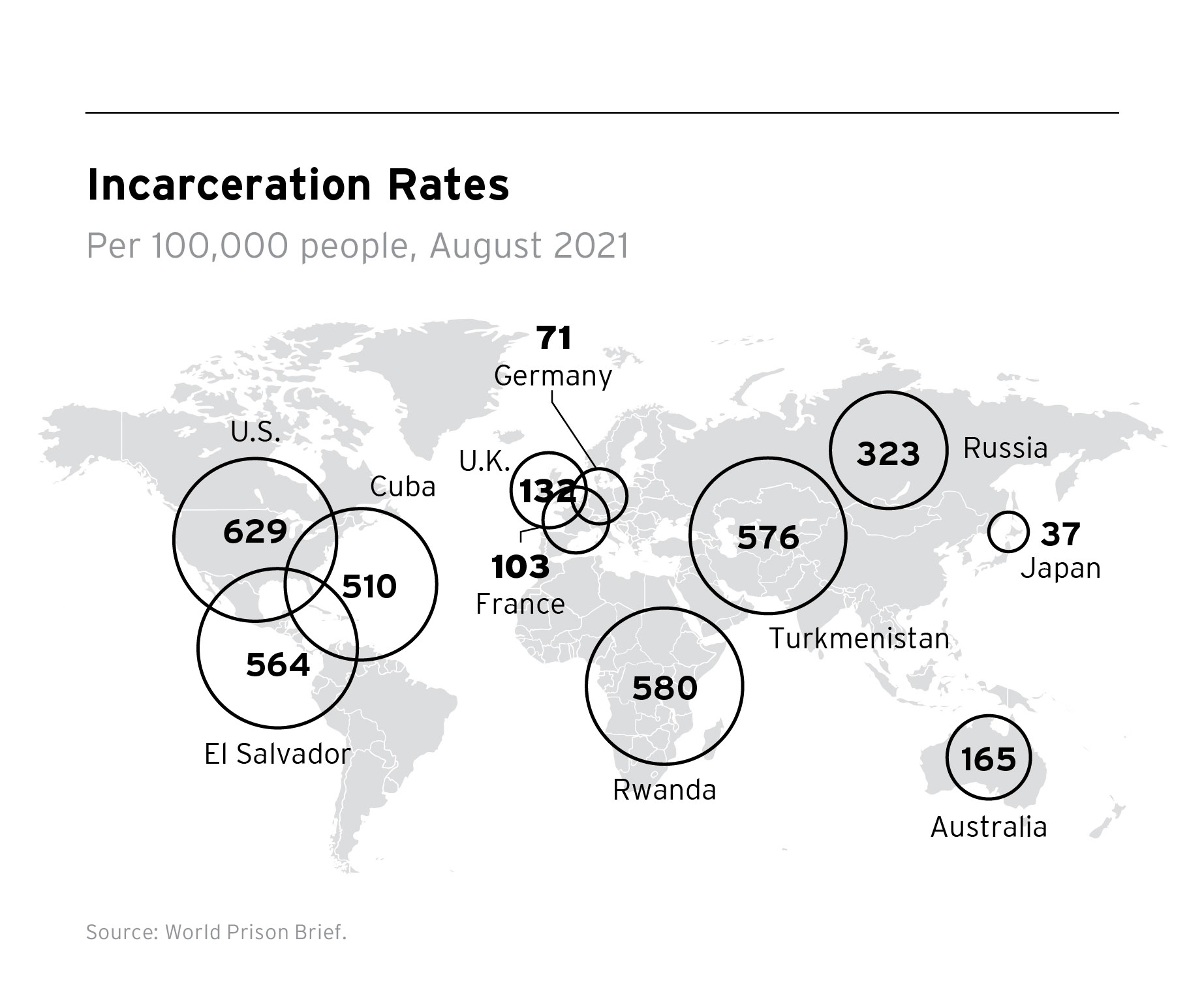 a world map showing incarceration rates by country