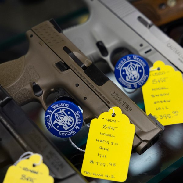 Handguns for sale at Lock's Philadelphia Gun Exchange in Philadelphia, April 2022.