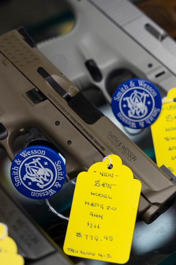 Handguns for sale at Lock's Philadelphia Gun Exchange in Philadelphia, April 2022.